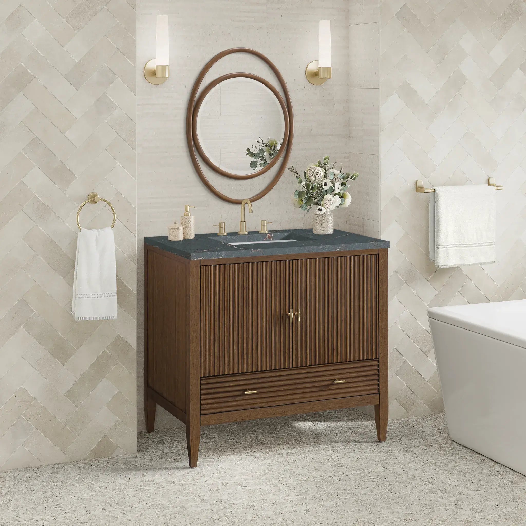36" Myrrin Vanity in Mid Century Walnut-Parisien Bleu Silestone-8" Widespread image 3