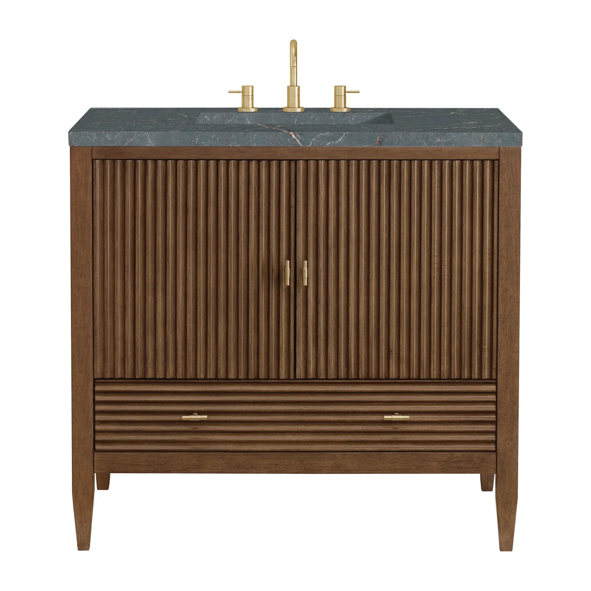 36" Myrrin Vanity in Mid Century Walnut-Parisien Bleu Silestone-8" Widespread image