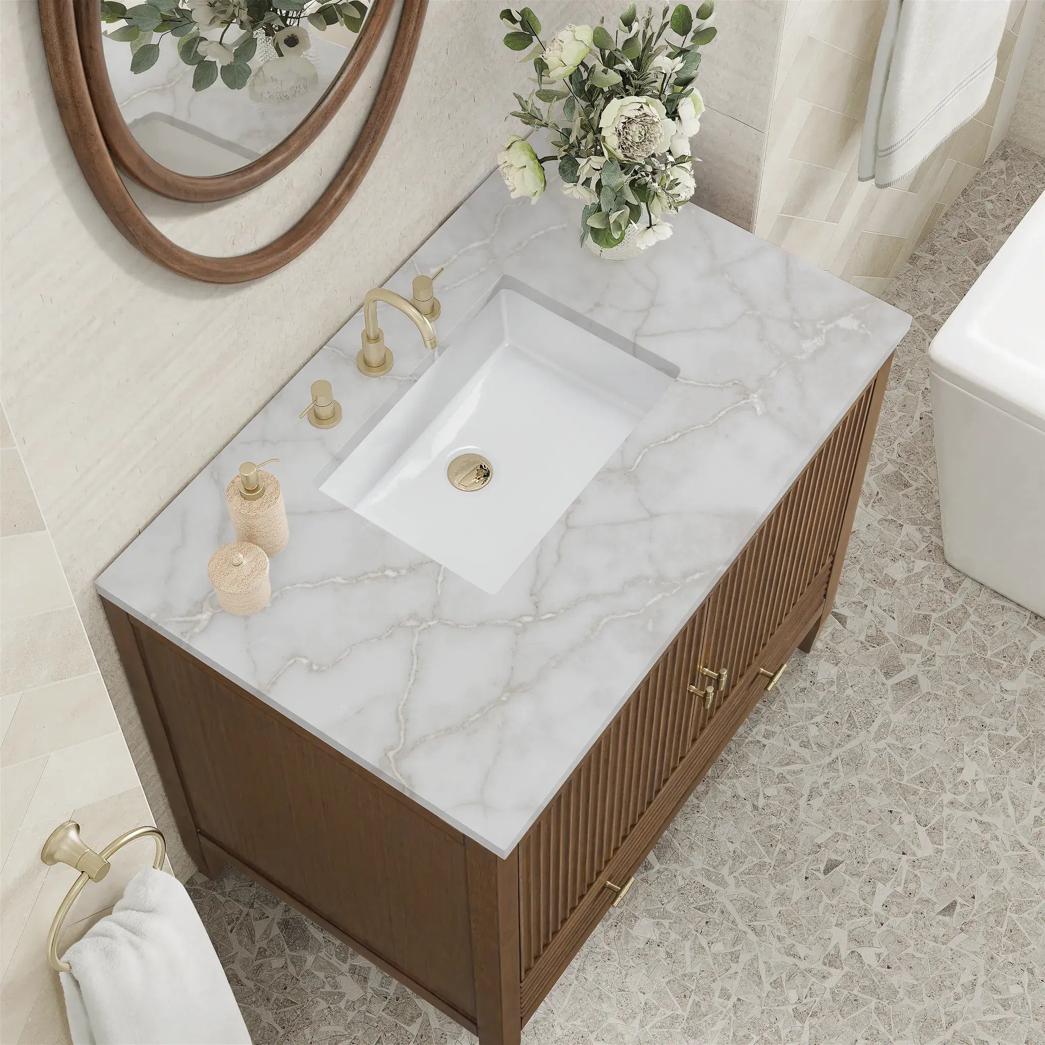 36" Myrrin Vanity in Mid Century Walnut-Victorian Silver Silestone-8" Widespread image 6