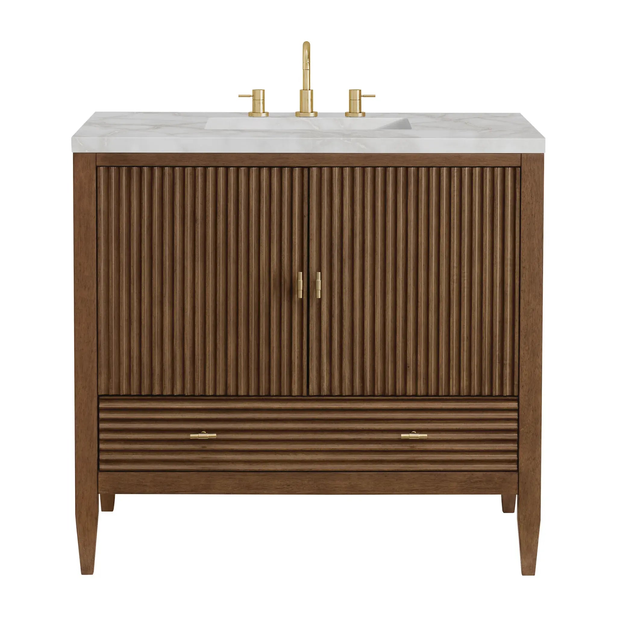36" Myrrin Vanity in Mid Century Walnut-Victorian Silver Silestone-8" Widespread image