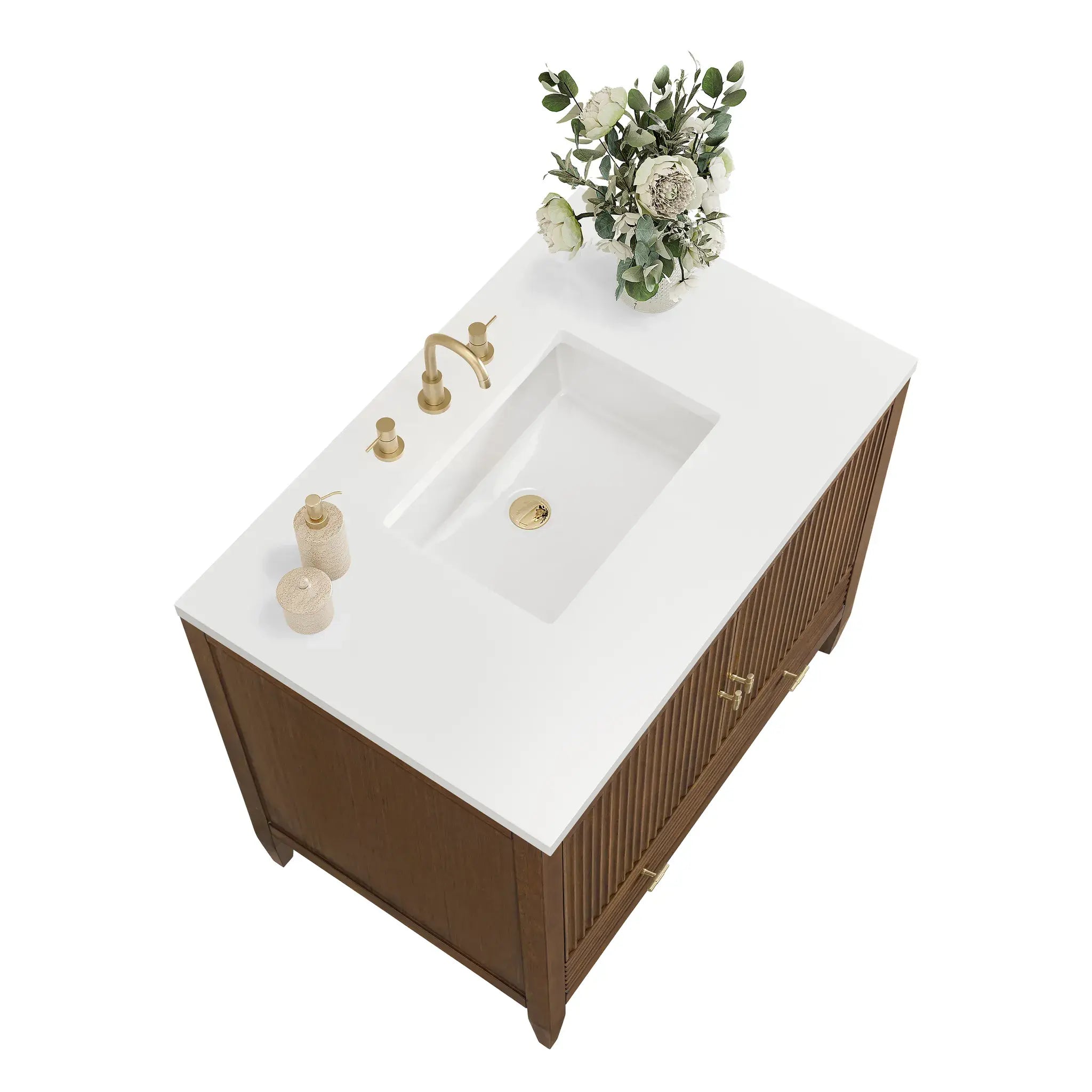 36" Myrrin Vanity in Mid Century Walnut-White Zeus Silestone-8" Widespread image 7