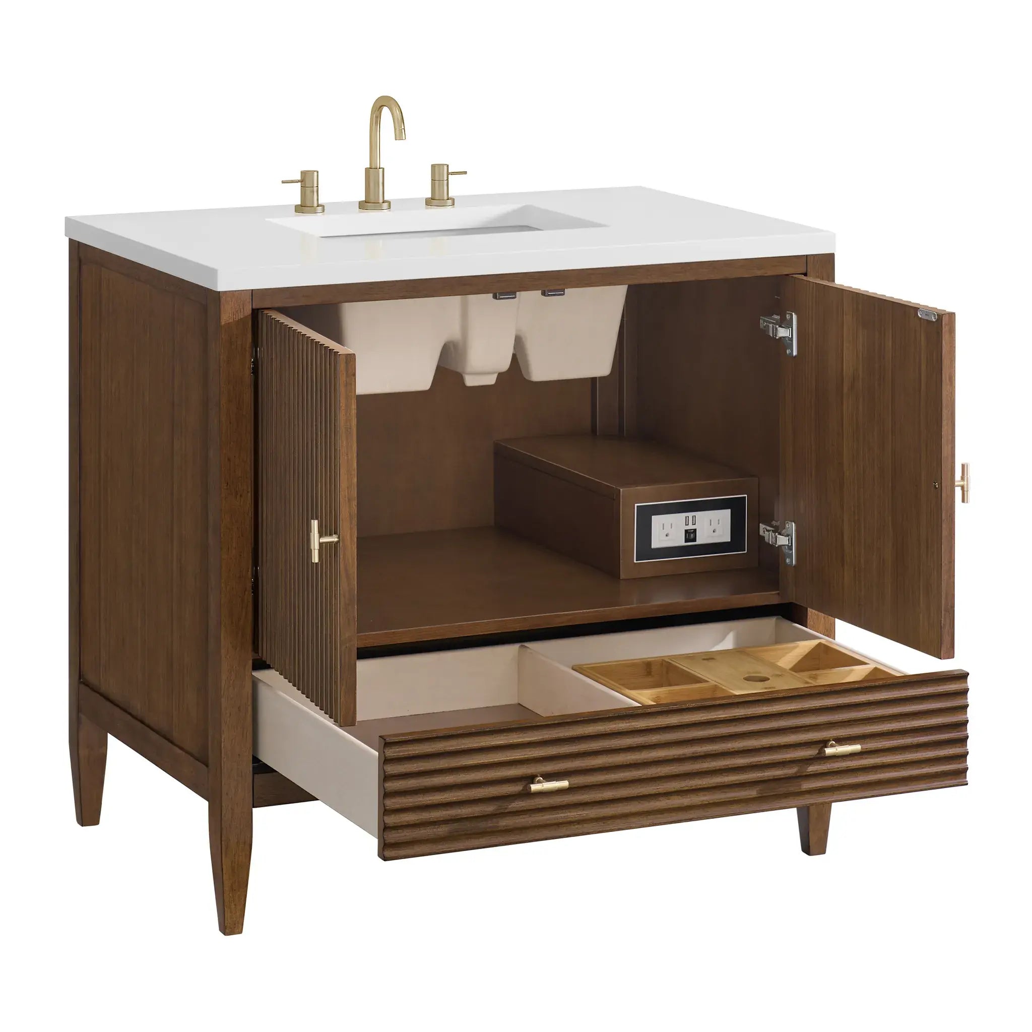36" Myrrin Vanity in Mid Century Walnut-White Zeus Silestone-8" Widespread image 9
