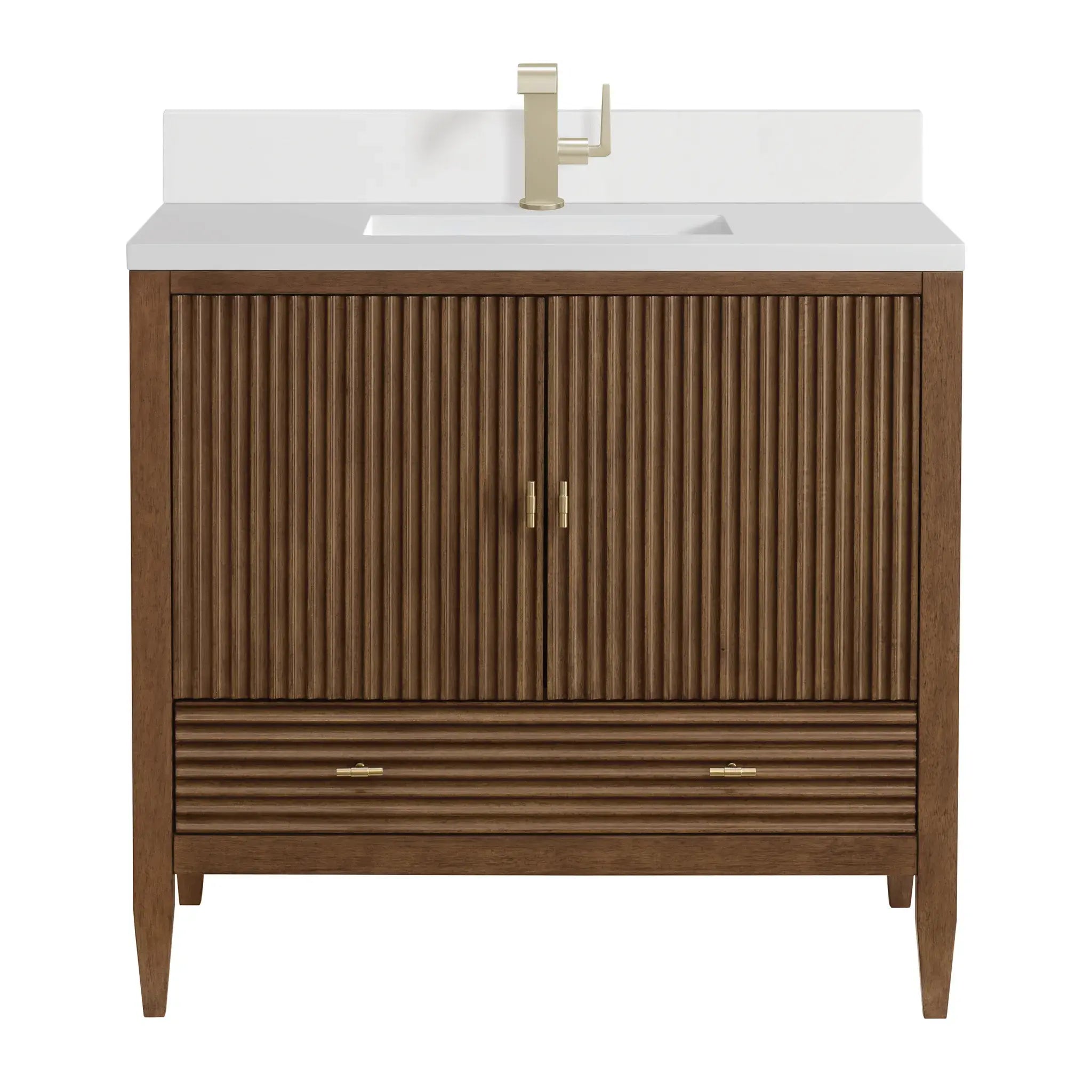 36" Myrrin Vanity in Mid Century Walnut-White Zeus Silestone & Backsplash-Single Hole image