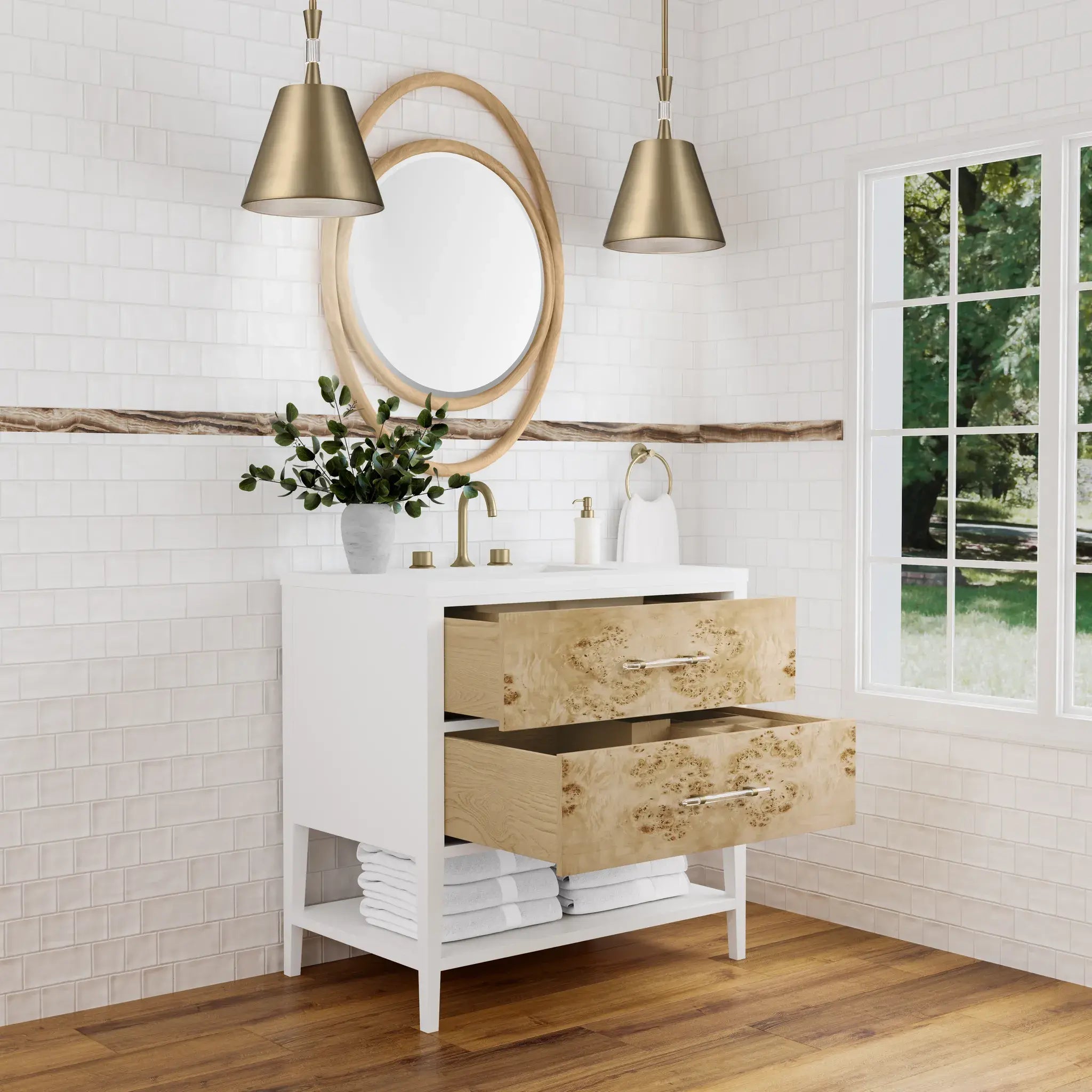 36" Olena Single Vanity in Light Mappa Burl and Polished White-White Zeus Silestone-8" Widespread image 4