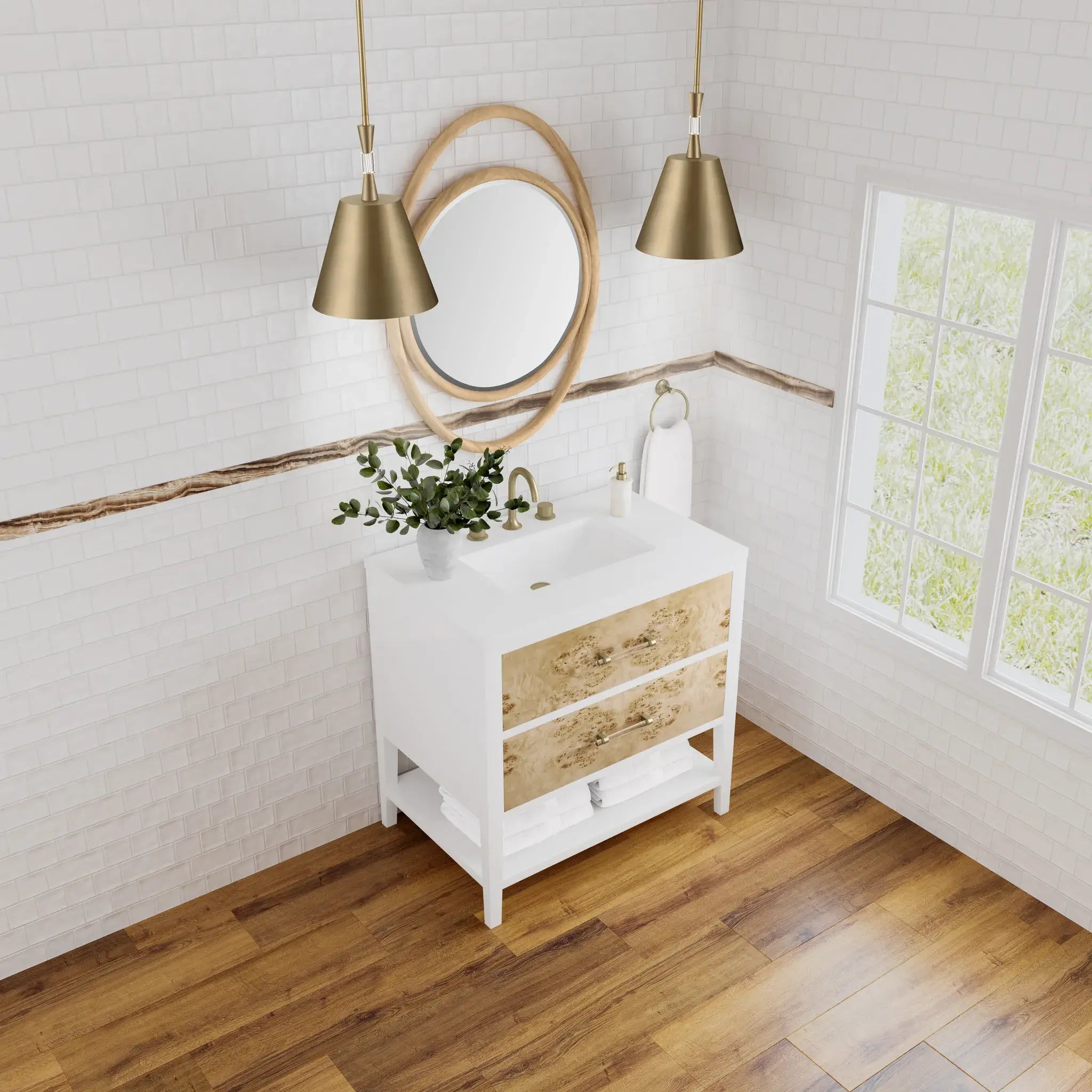36" Olena Single Vanity in Light Mappa Burl and Polished White-White Zeus Silestone-8" Widespread image 6