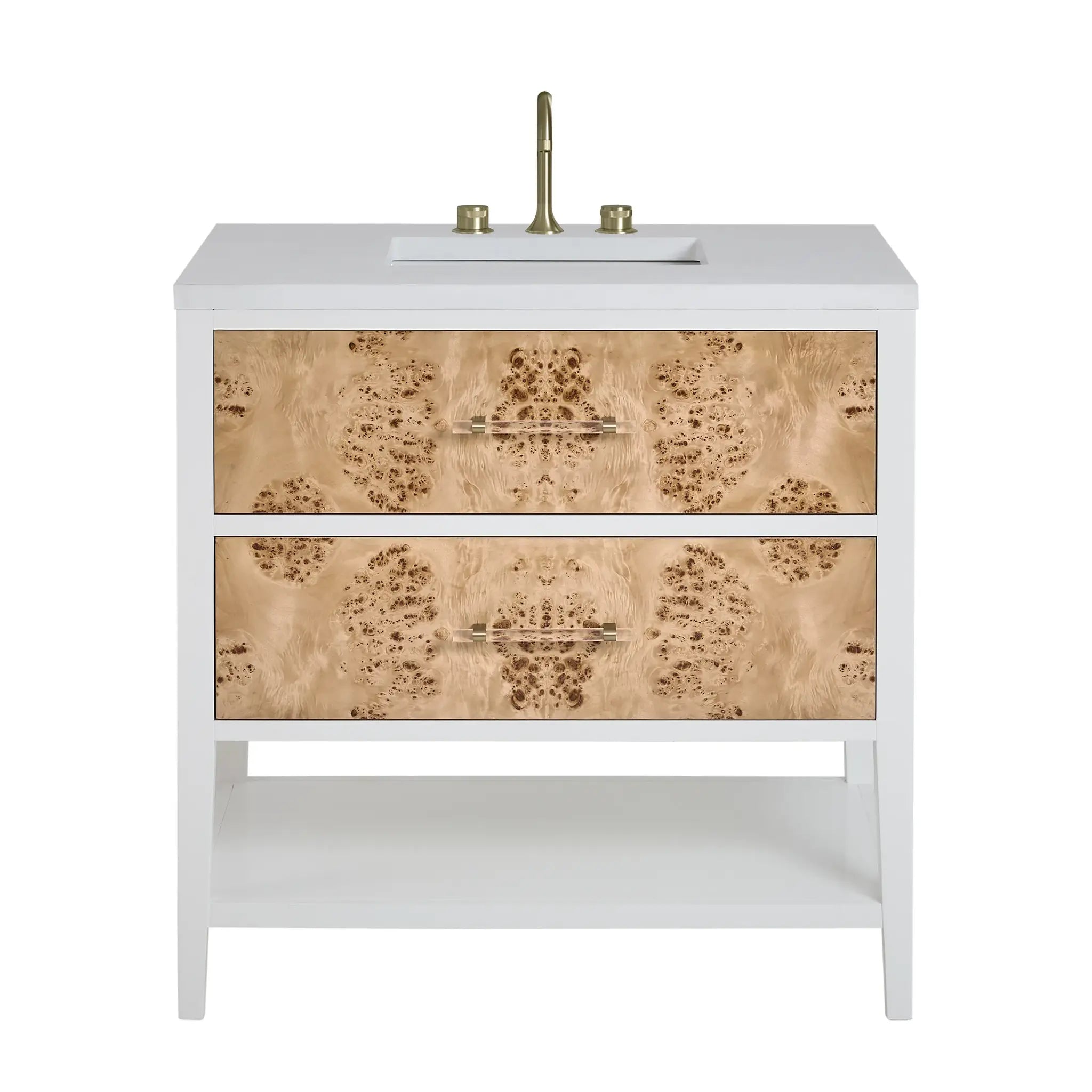 36" Olena Single Vanity in Light Mappa Burl and Polished White-White Zeus Silestone-8" Widespread image