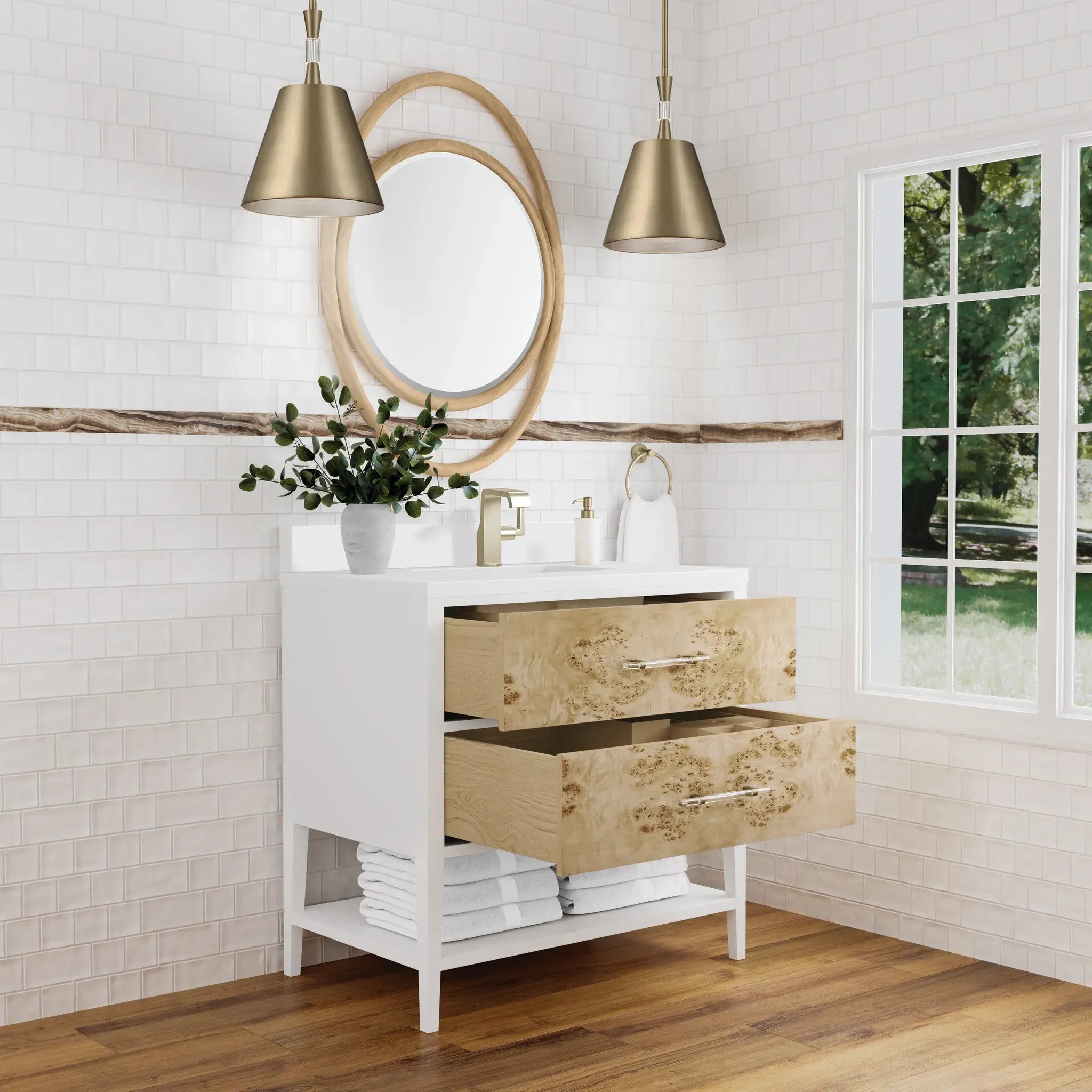 36" Olena Single Vanity in Light Mappa Burl and Polished White-White Zeus Silestone & Backsplash-Single Hole image 4