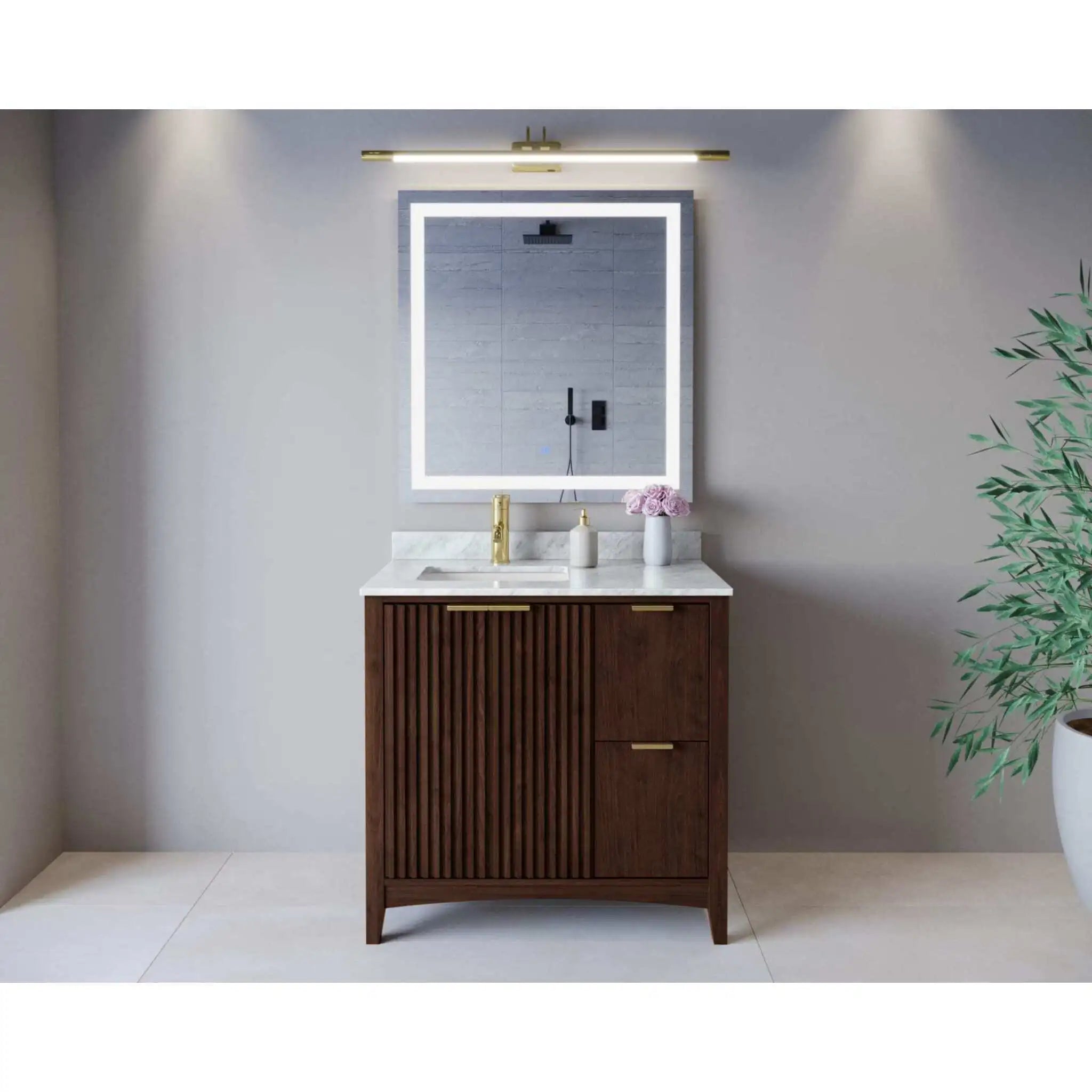 36" Palmilla Single Bathroom Vanity in Dark Walnut with Brushed Gold Trim by Wyndham