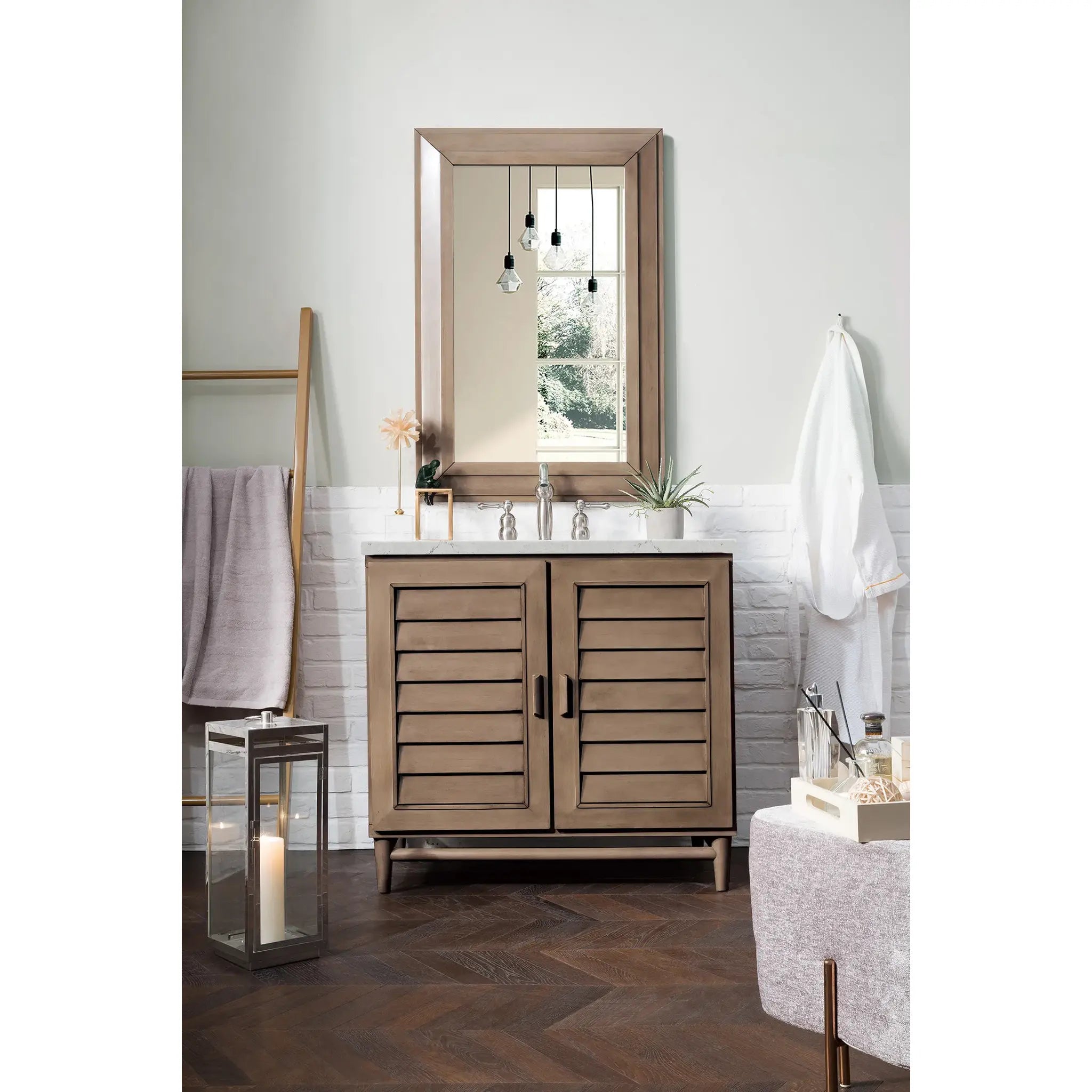 36" Portland Single Vanity in Whitewashed Walnut-Eternal Jasmine Pearl Silestone-8" Widespread image 1