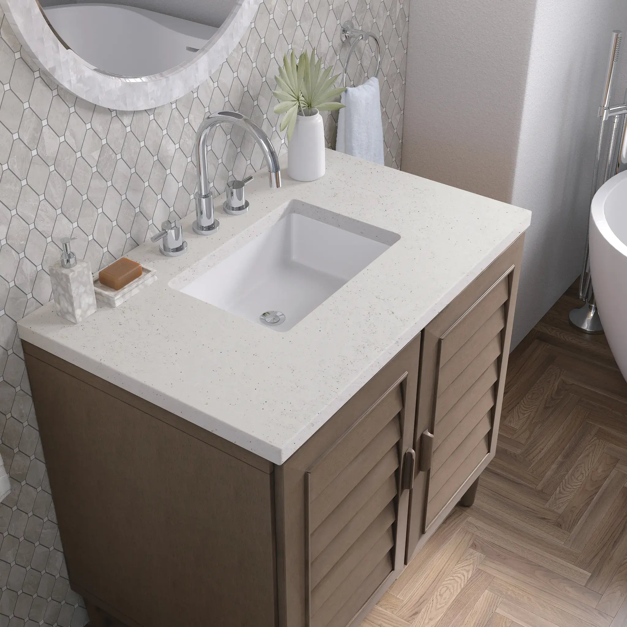 36" Portland Single Vanity in Whitewashed Walnut-Lime Delight Silestone-8" Widespread image 4