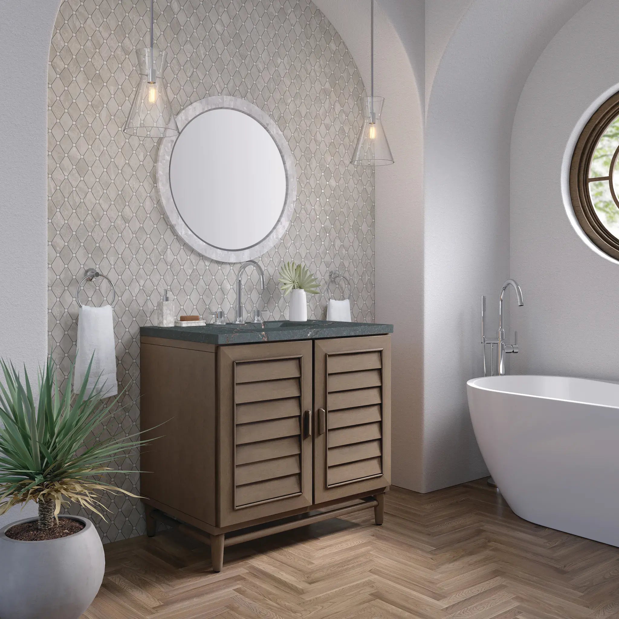 36" Portland Single Vanity in Whitewashed Walnut-Parisien Bleu Silestone-8" Widespread image 2