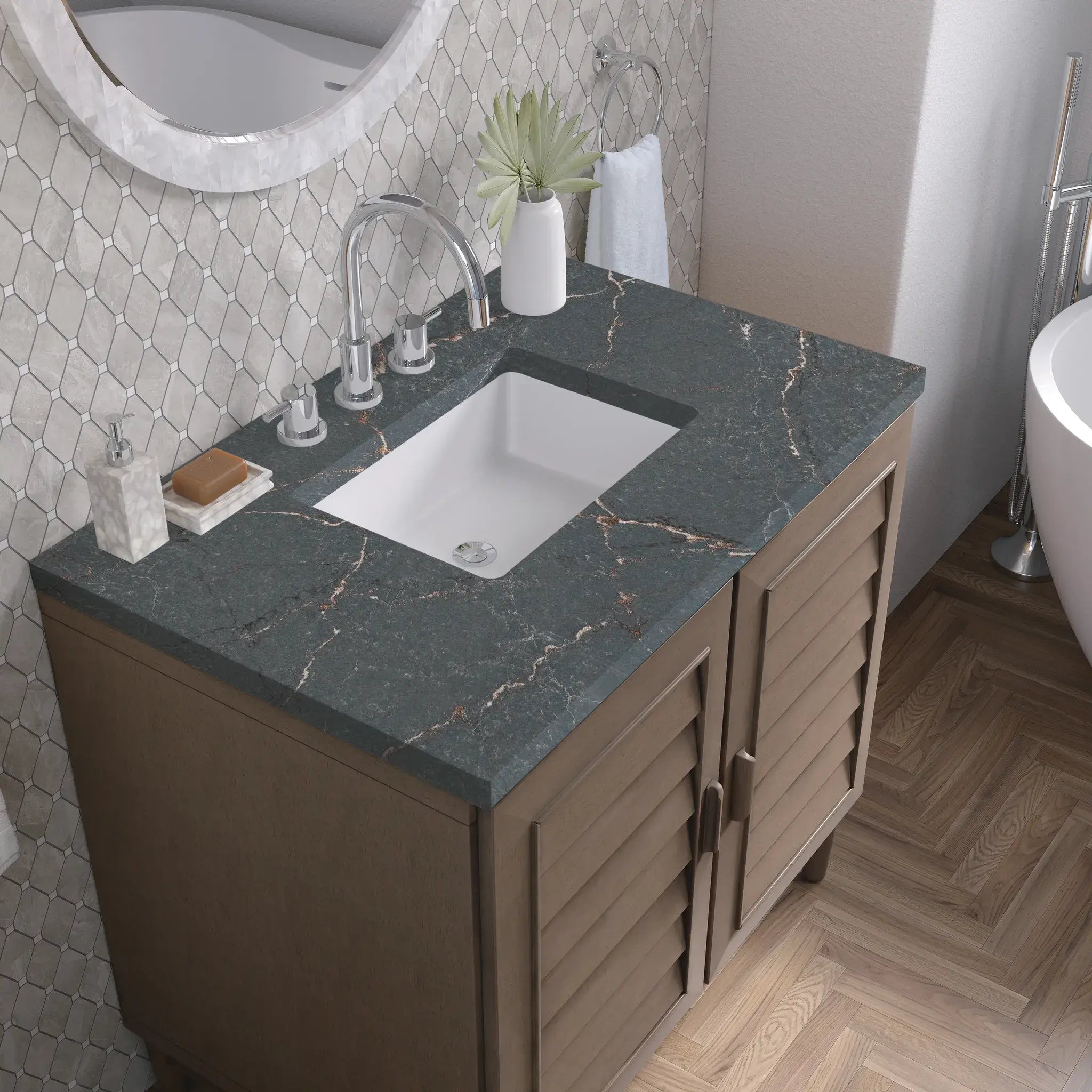 36" Portland Single Vanity in Whitewashed Walnut-Parisien Bleu Silestone-8" Widespread image 4