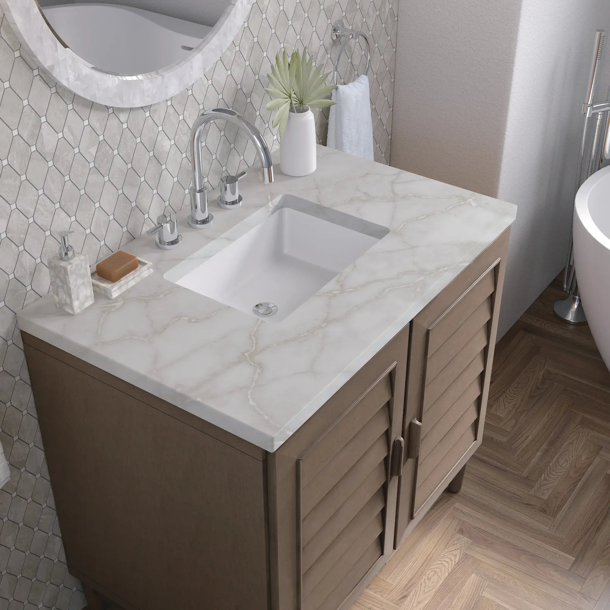 36" Portland Single Vanity in Whitewashed Walnut-Victorian Silver Silestone-8" Widespread image 4
