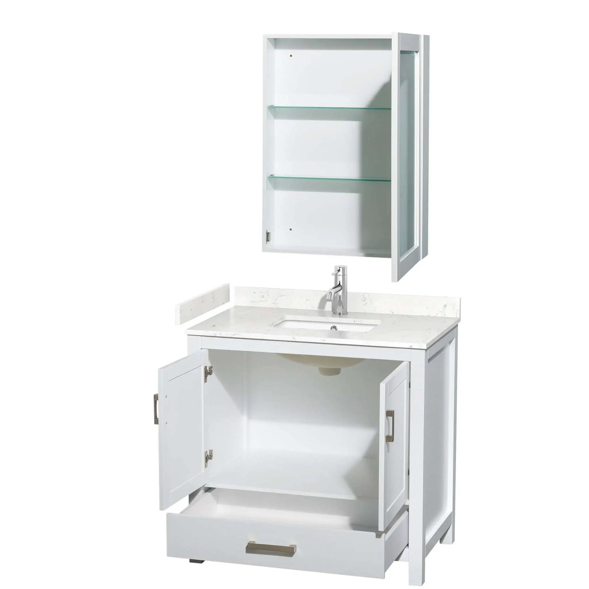 36" Sheffield Single Bathroom Vanity in White with Brushed Chrome Trim & Medicine Cabinet by Wyndham