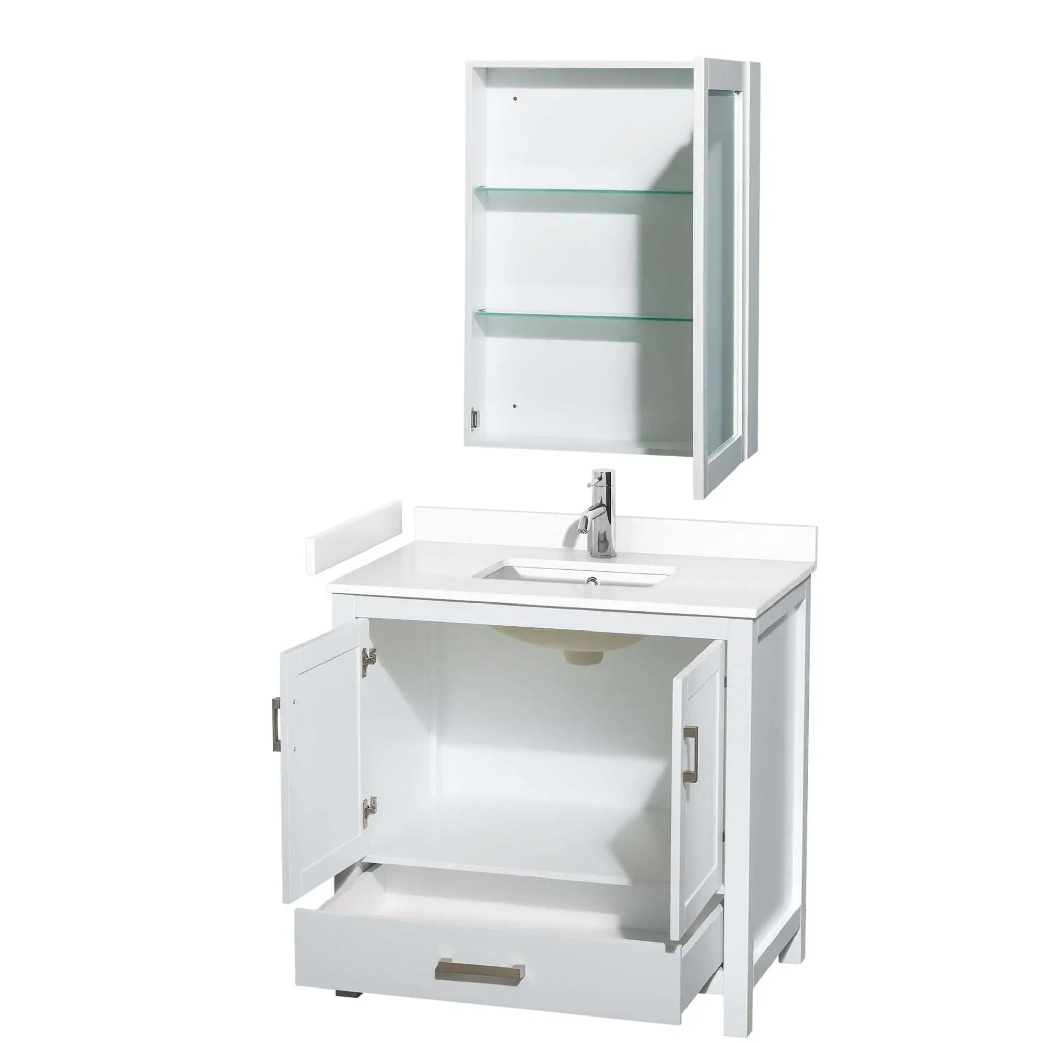 36" Sheffield Single Bathroom Vanity in White with Brushed Chrome Trim & Medicine Cabinet by Wyndham
