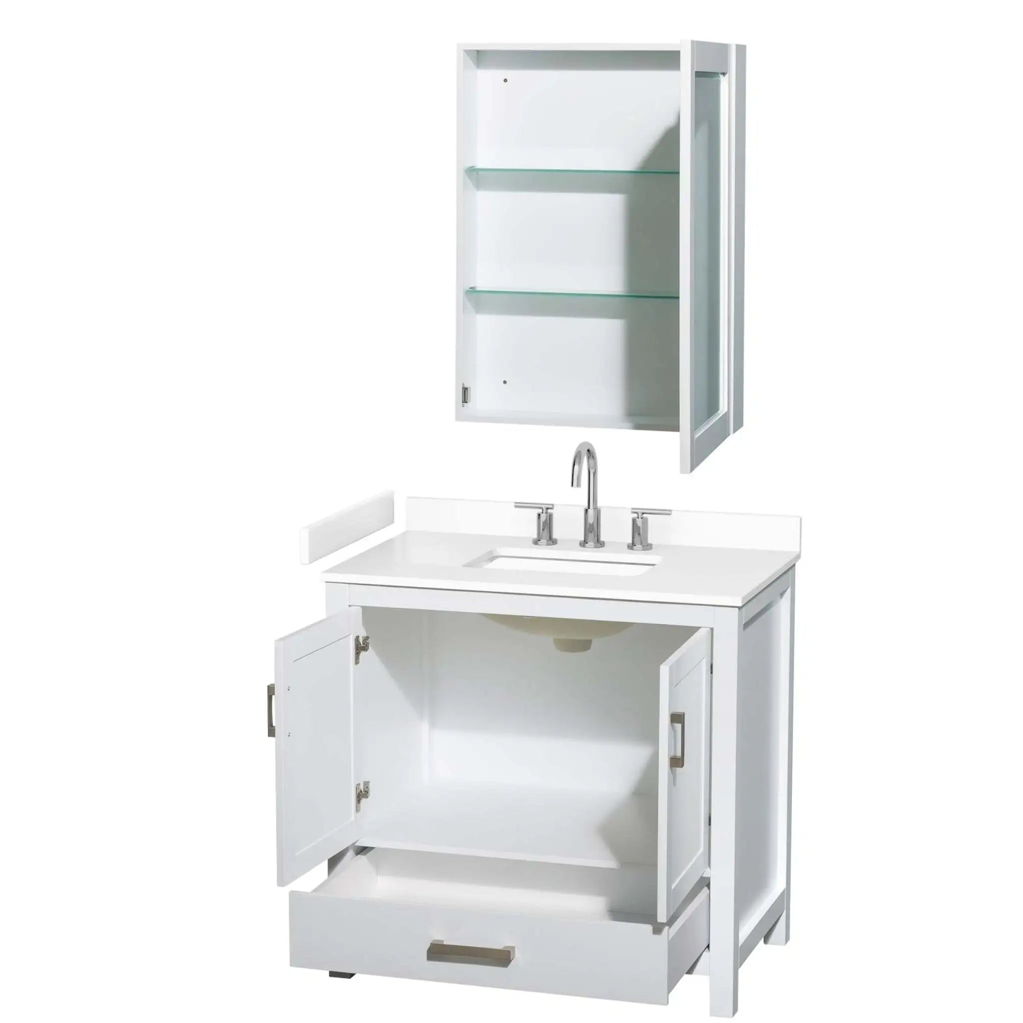 36" Sheffield Single Bathroom Vanity in White with Brushed Chrome Trim & Medicine Cabinet by Wyndham