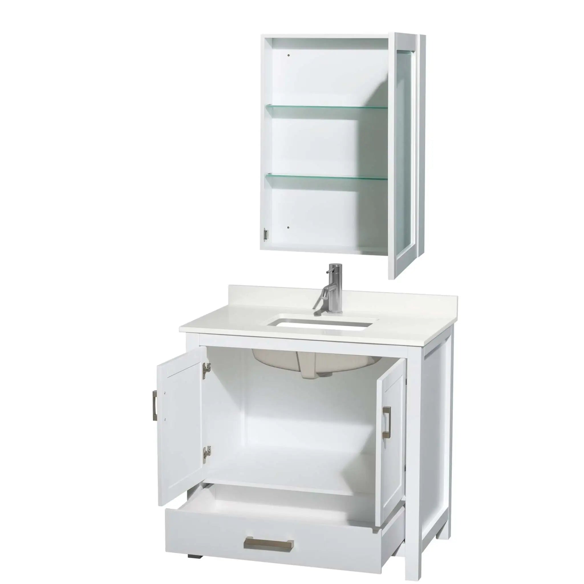 36" Sheffield Single Bathroom Vanity in White with Brushed Chrome Trim & Medicine Cabinet by Wyndham