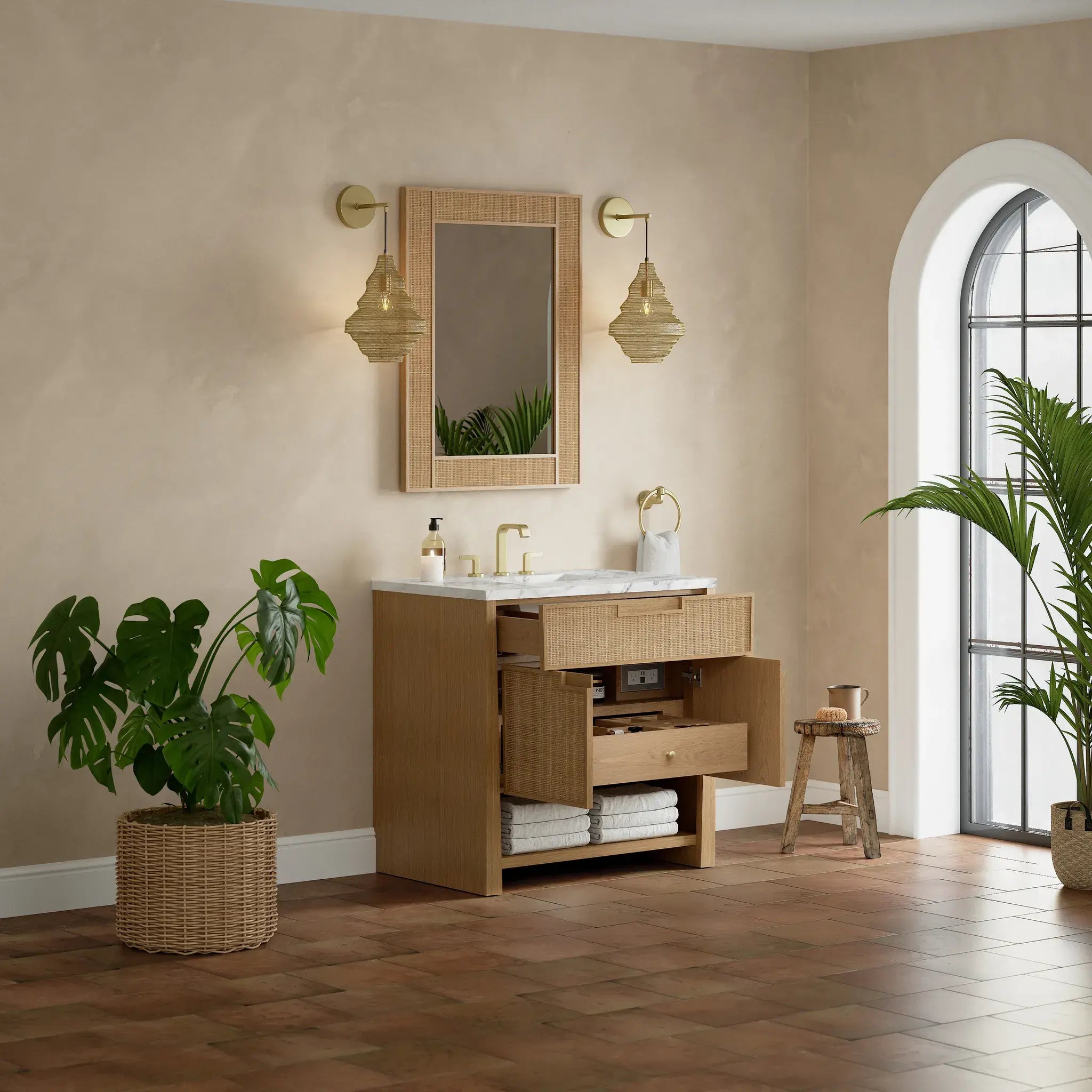 36" Solene Single Vanity in Seaside Oak-Carrara White Marble-8" Widespread image 4