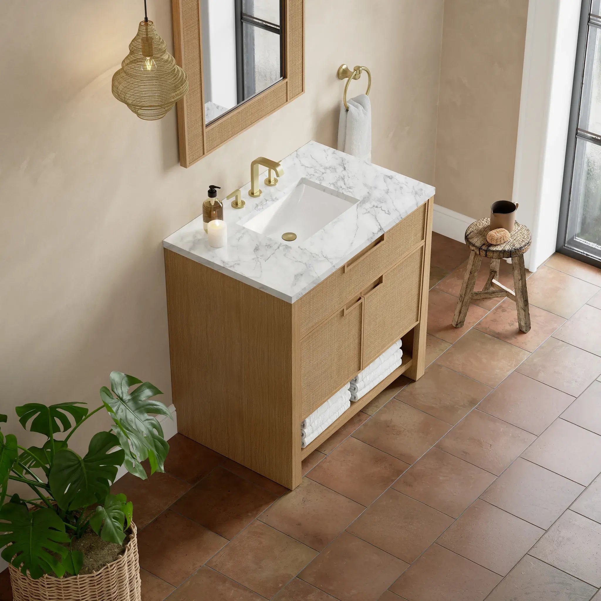 36" Solene Single Vanity in Seaside Oak-Carrara White Marble-8" Widespread image 6