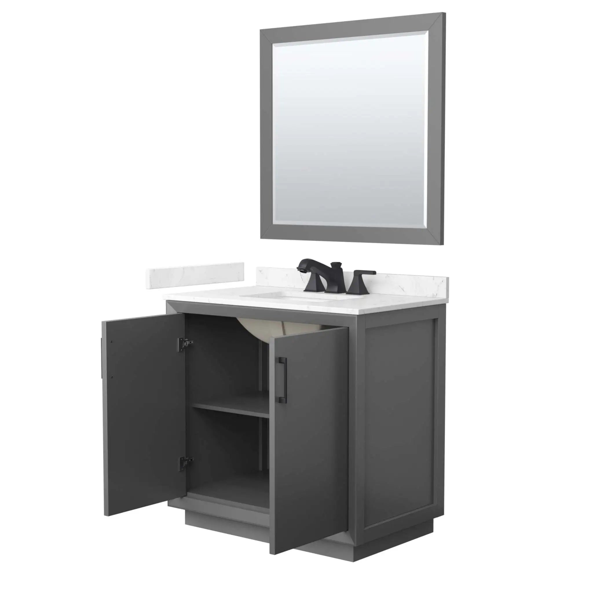 36" Strada Single Bathroom Vanity in Dark Gray with Matte Black Trim & 34" Mirror by Wyndham