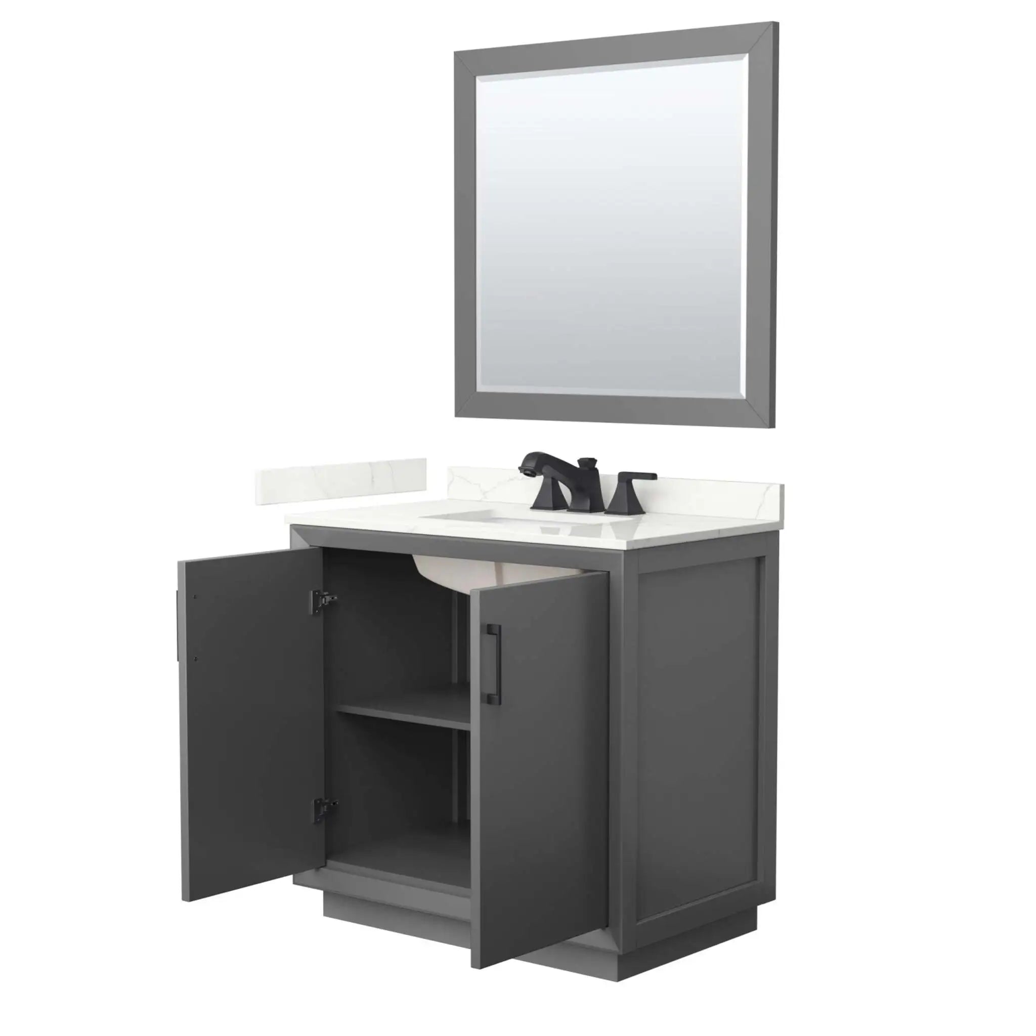 36" Strada Single Bathroom Vanity in Dark Gray with Matte Black Trim & 34" Mirror by Wyndham