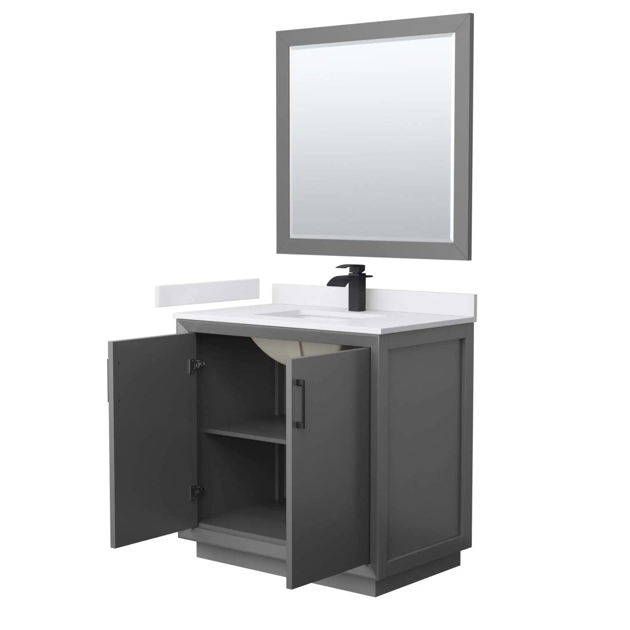 36" Strada Single Bathroom Vanity in Dark Gray with Matte Black Trim & 34" Mirror by Wyndham