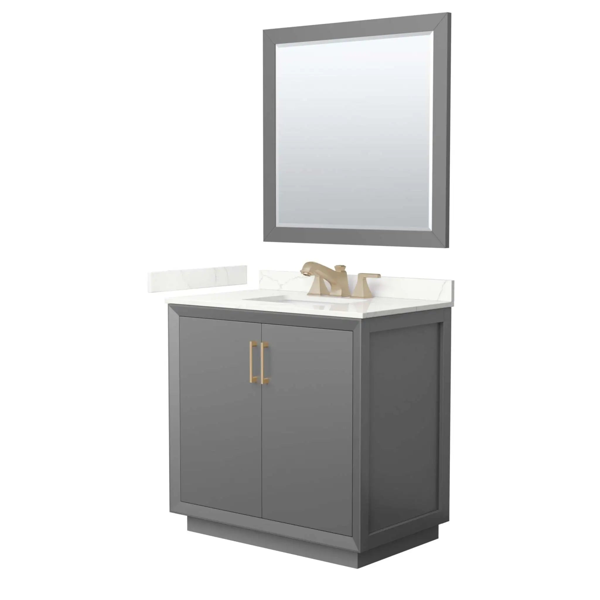 36" Strada Single Bathroom Vanity in Dark Gray with Satin Bronze Trim & 34" Mirror by Wyndham