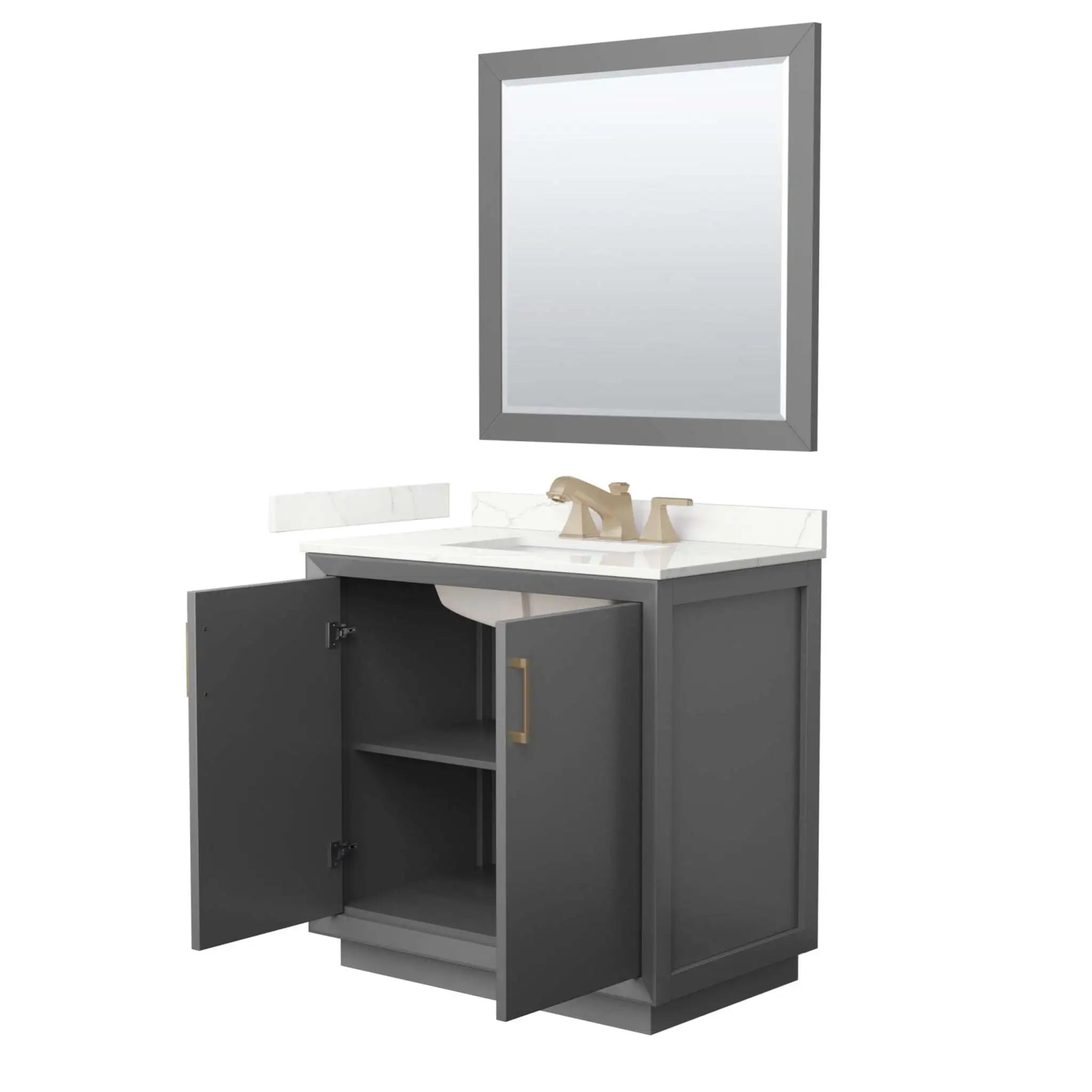 36" Strada Single Bathroom Vanity in Dark Gray with Satin Bronze Trim & 34" Mirror by Wyndham