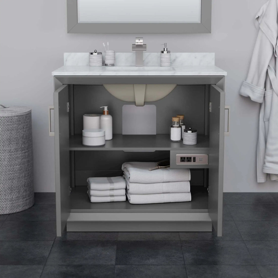 36" Strada Single Bathroom Vanity in Dark Gray with Satin Bronze Trim & 34" Mirror by Wyndham