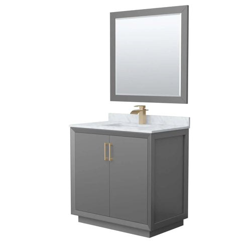 36" Strada Single Bathroom Vanity in Dark Gray with Satin Bronze Trim & 34" Mirror by Wyndham