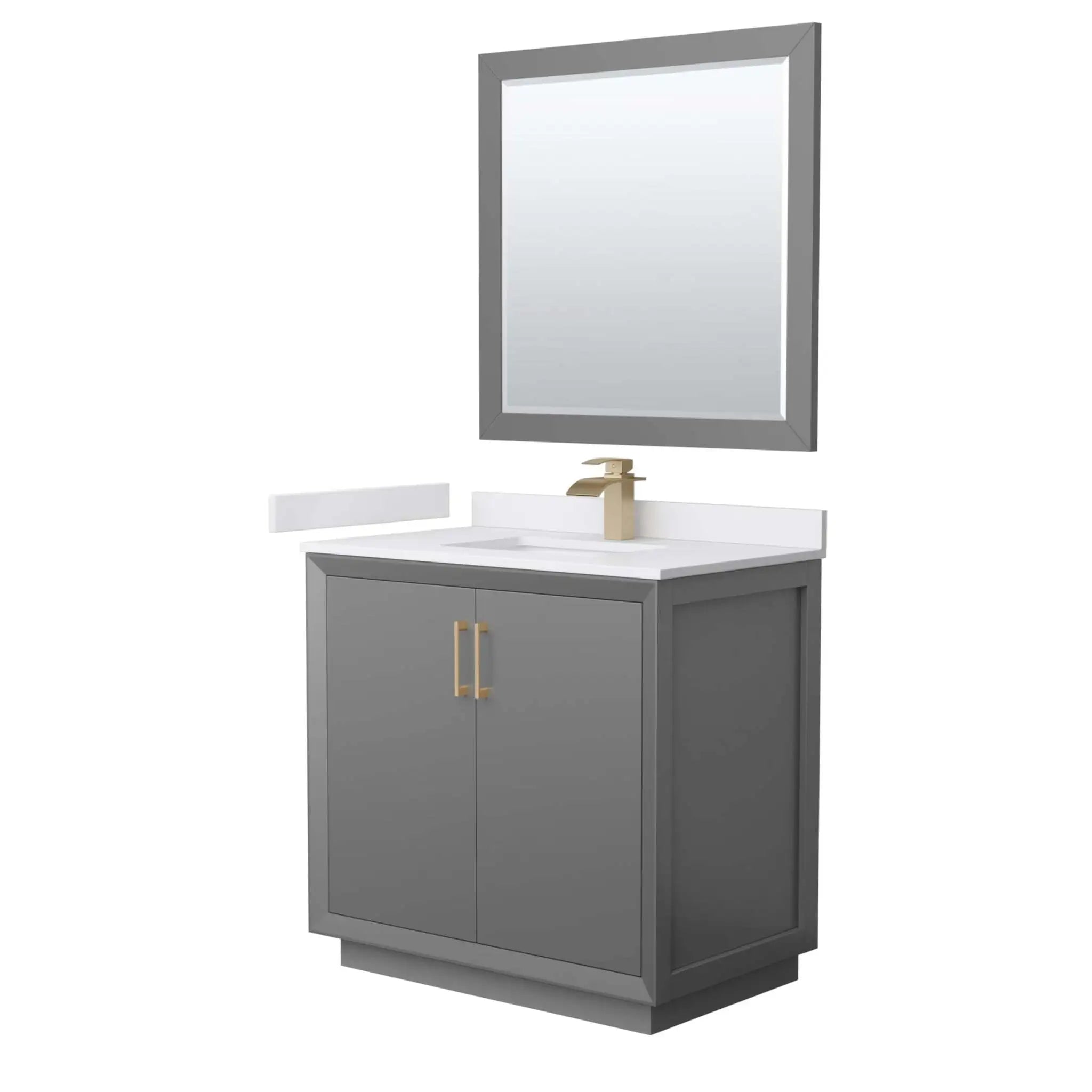 36" Strada Single Bathroom Vanity in Dark Gray with Satin Bronze Trim & 34" Mirror by Wyndham