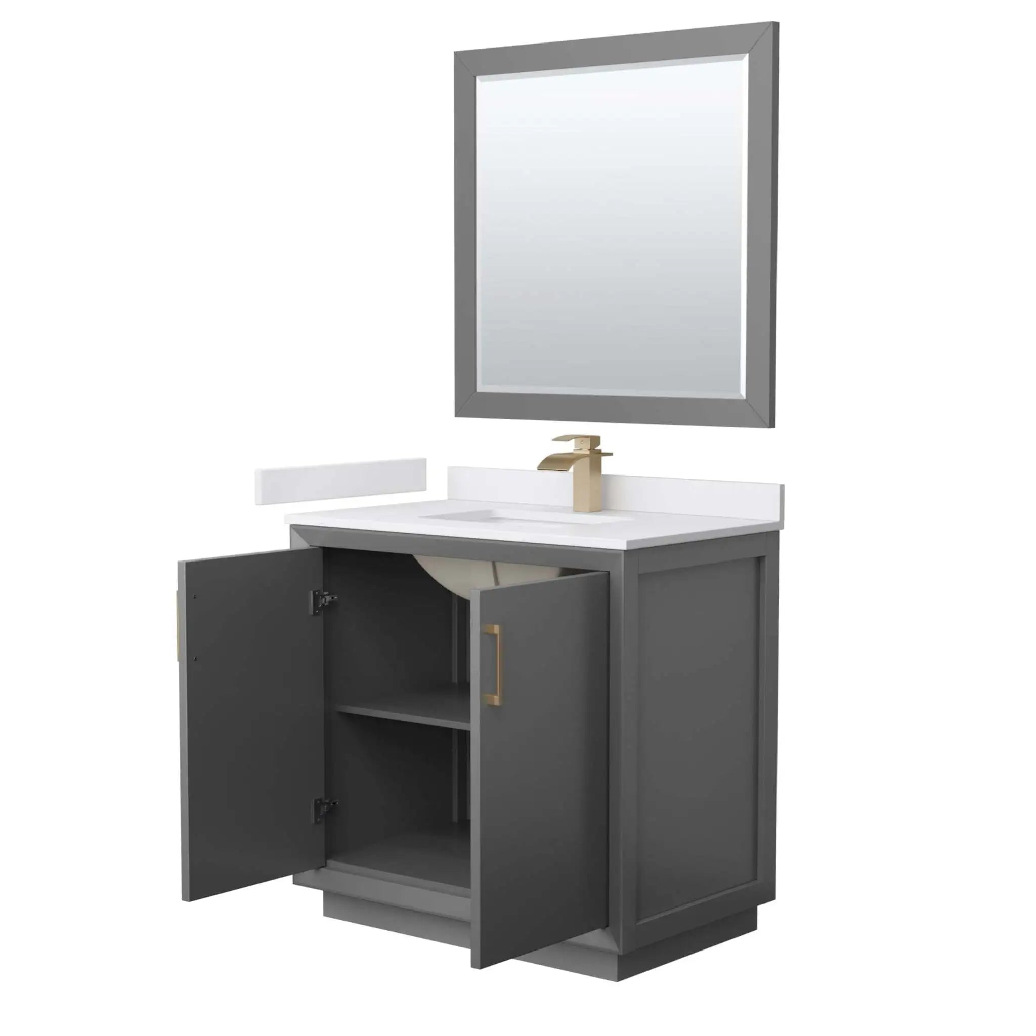 36" Strada Single Bathroom Vanity in Dark Gray with Satin Bronze Trim & 34" Mirror by Wyndham