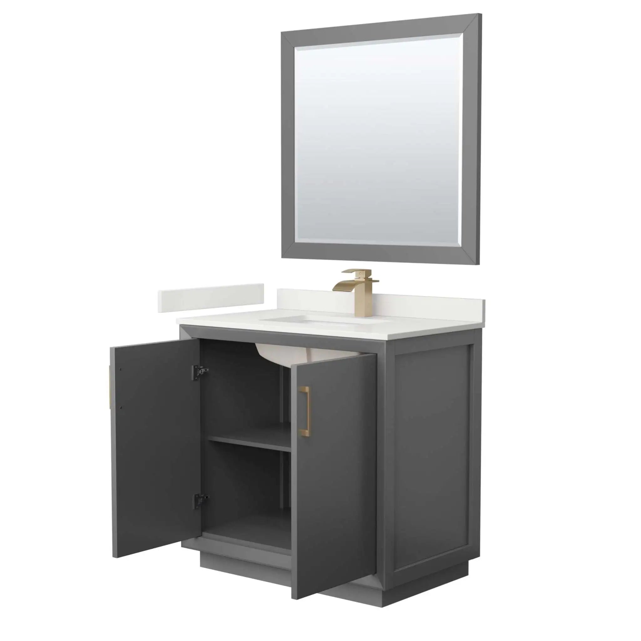 36" Strada Single Bathroom Vanity in Dark Gray with Satin Bronze Trim & 34" Mirror by Wyndham