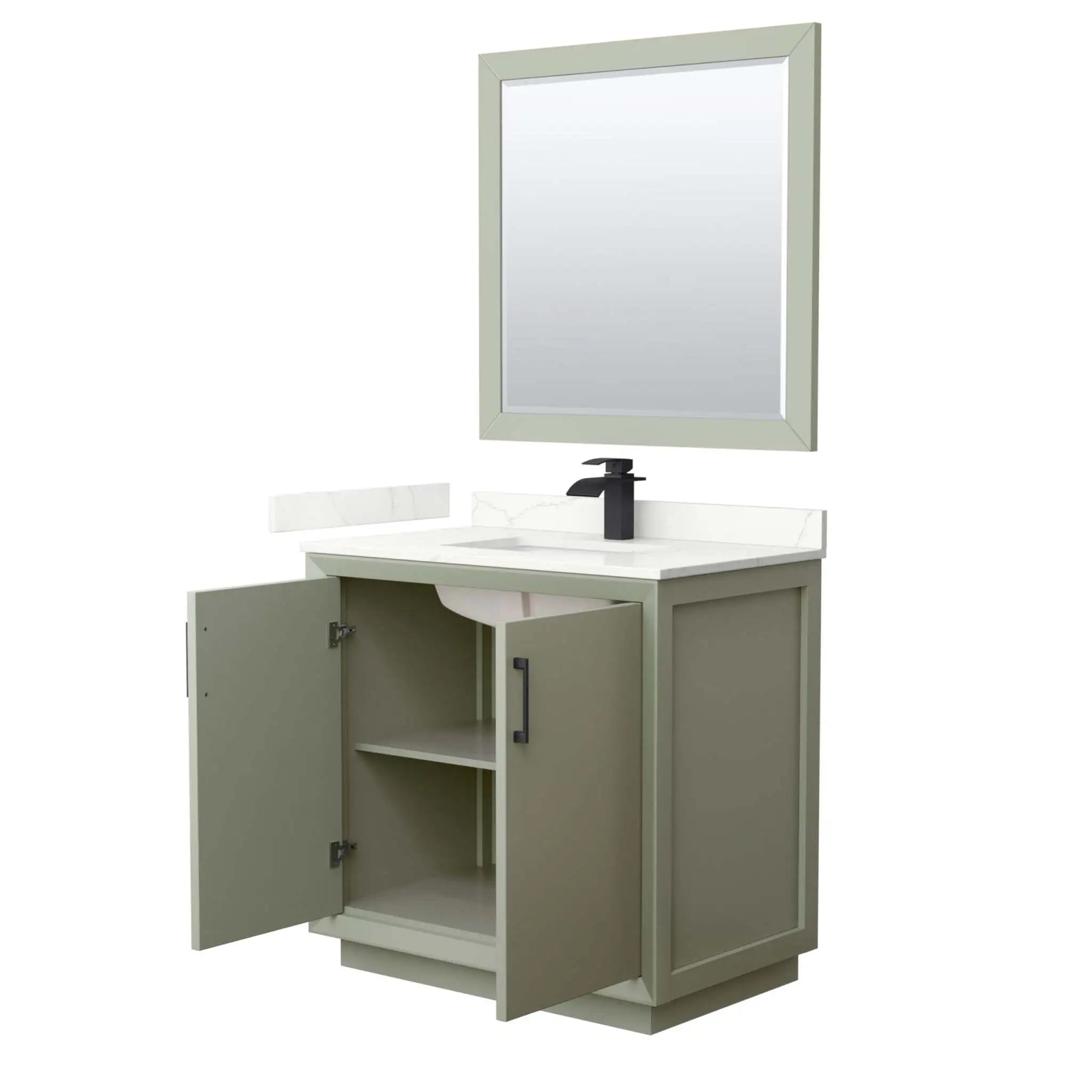 36" Strada Single Bathroom Vanity in Light Green with Matte Black Trim & 34" Mirror by Wyndham