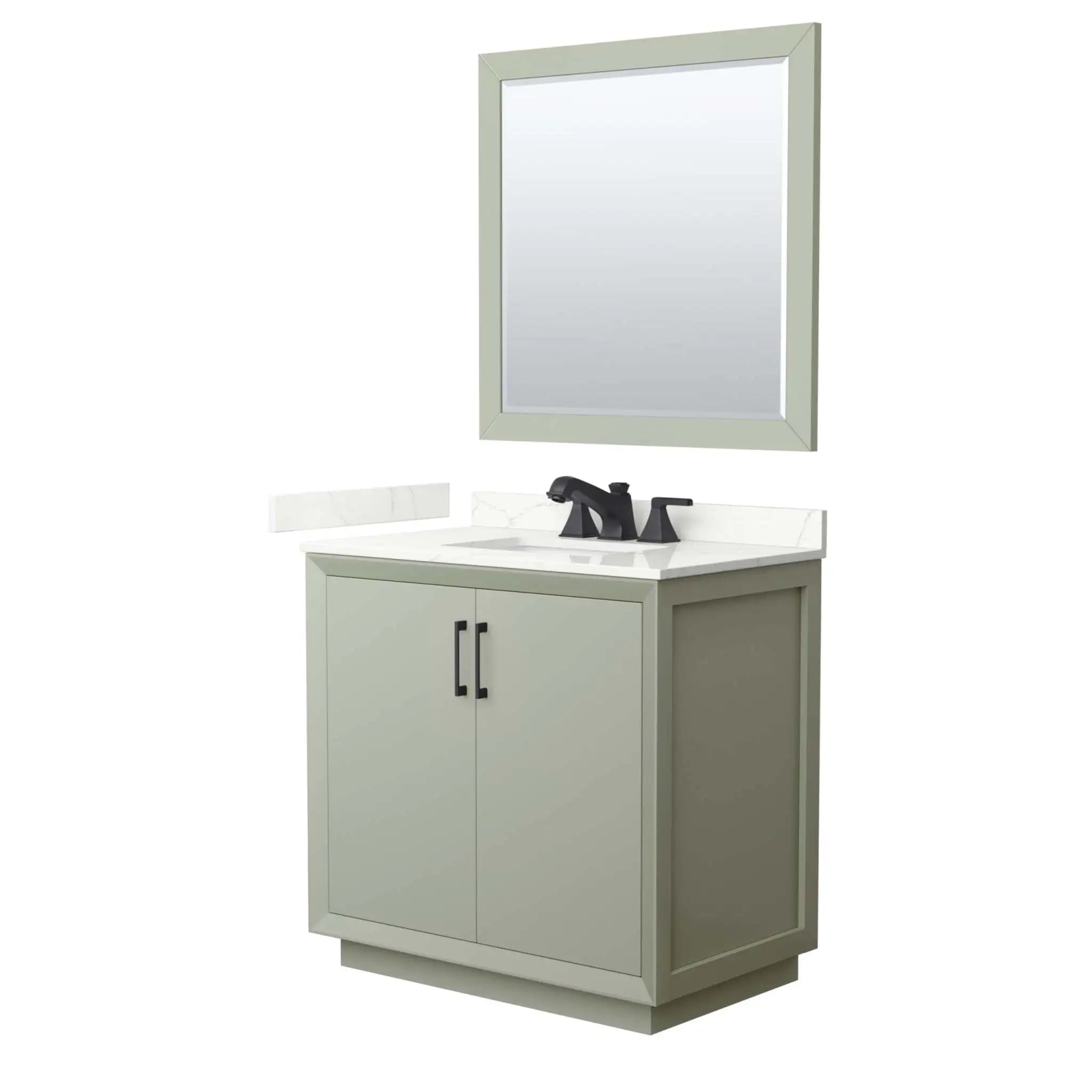 36" Strada Single Bathroom Vanity in Light Green with Matte Black Trim & 34" Mirror by Wyndham