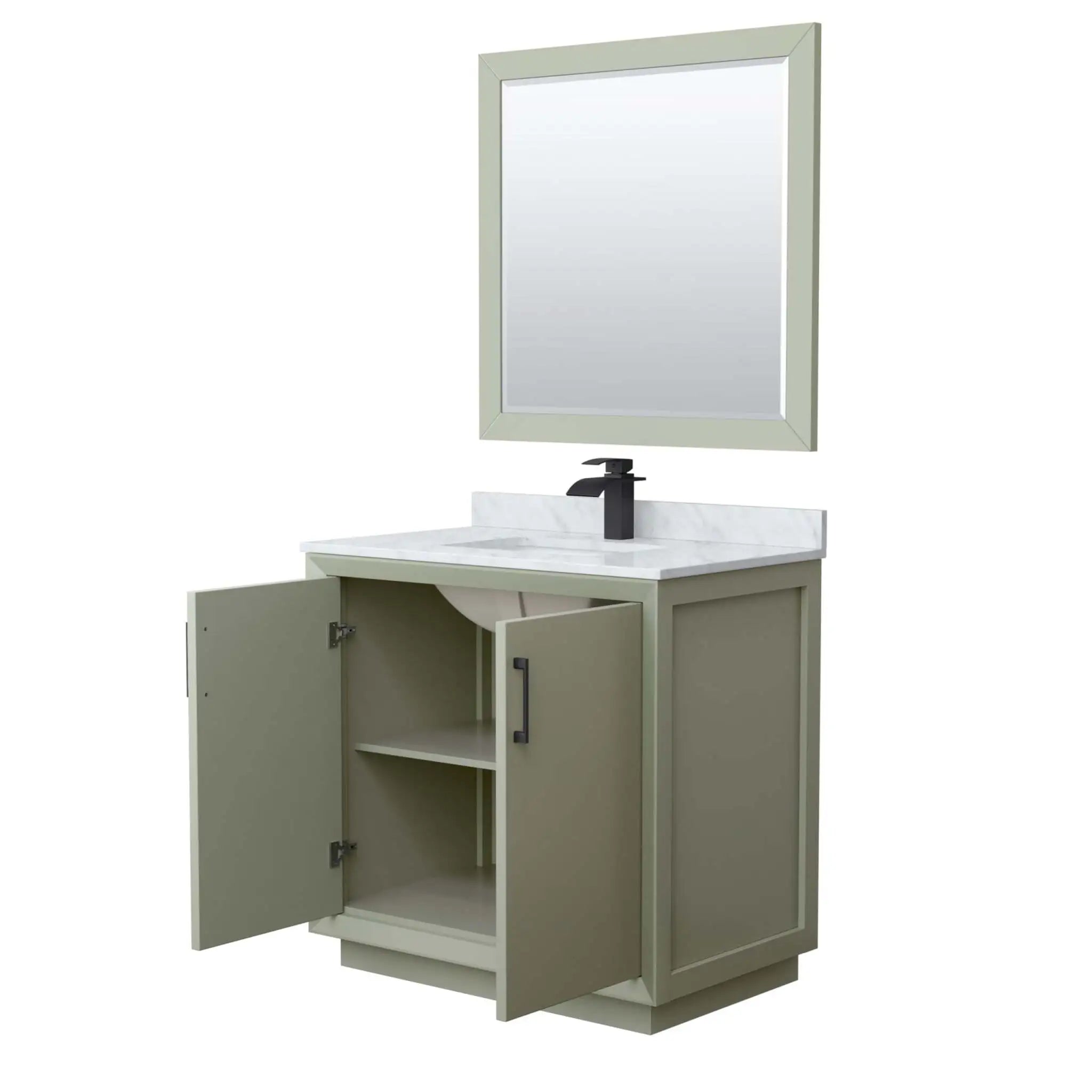 36" Strada Single Bathroom Vanity in Light Green with Matte Black Trim & 34" Mirror by Wyndham