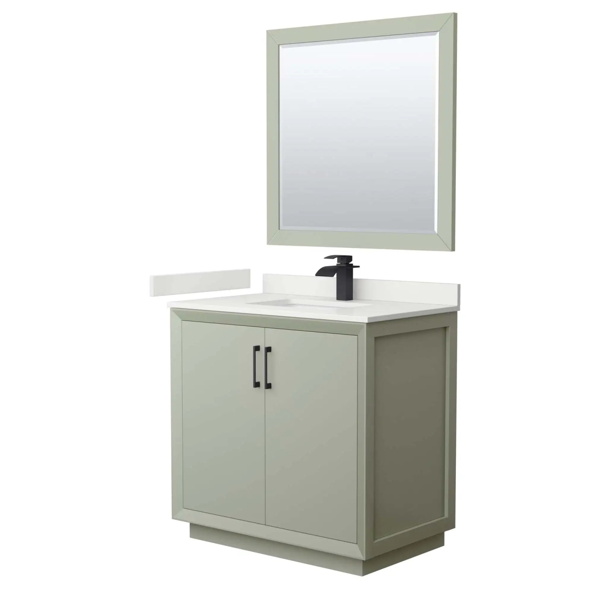 36" Strada Single Bathroom Vanity in Light Green with Matte Black Trim & 34" Mirror by Wyndham