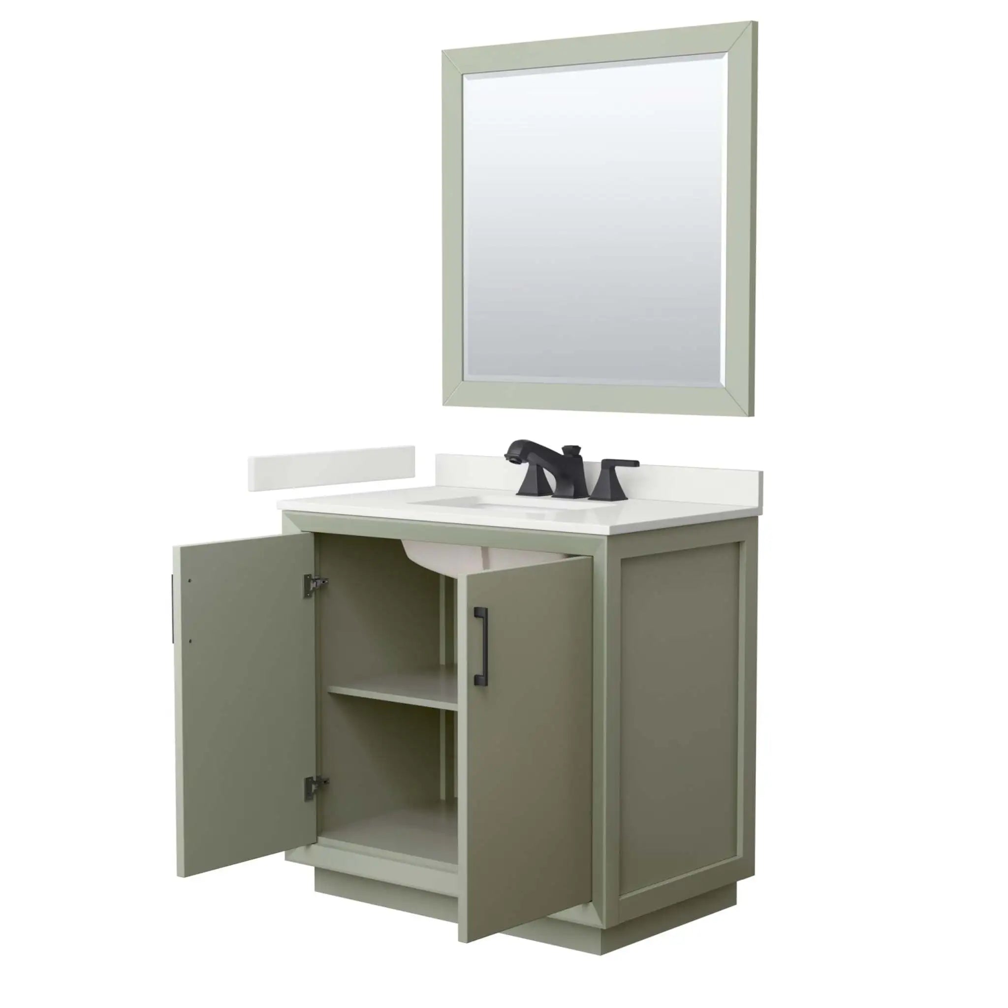 36" Strada Single Bathroom Vanity in Light Green with Matte Black Trim & 34" Mirror by Wyndham