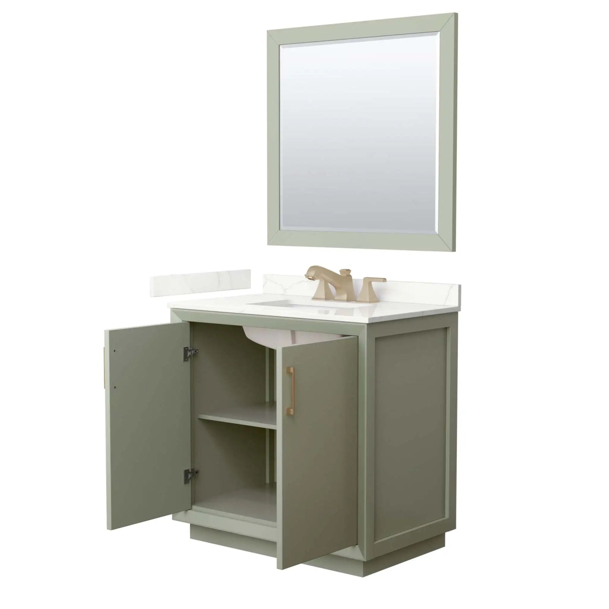 36" Strada Single Bathroom Vanity in Light Green with Satin Bronze Trim & 34" Mirror by Wyndham