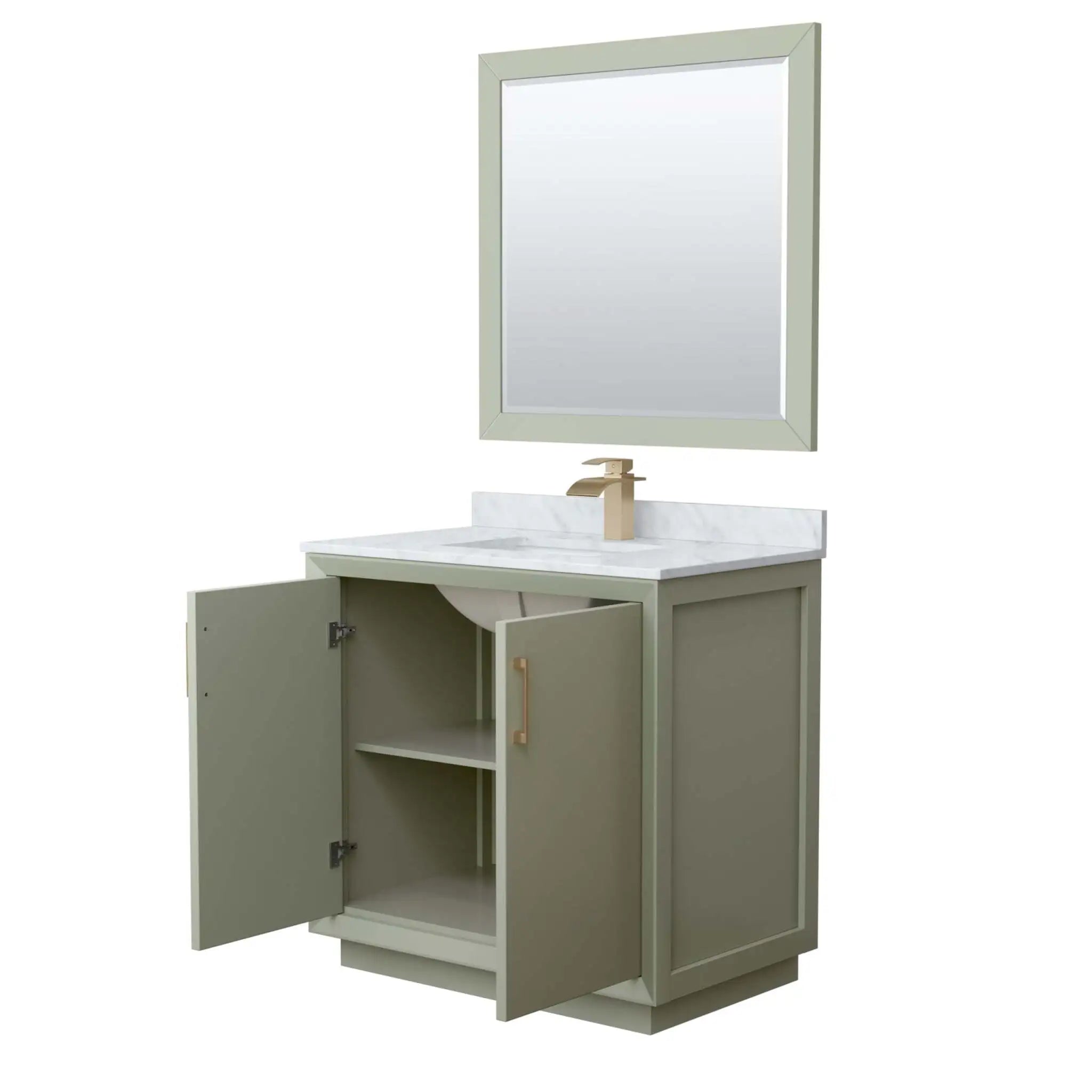 36" Strada Single Bathroom Vanity in Light Green with Satin Bronze Trim & 34" Mirror by Wyndham