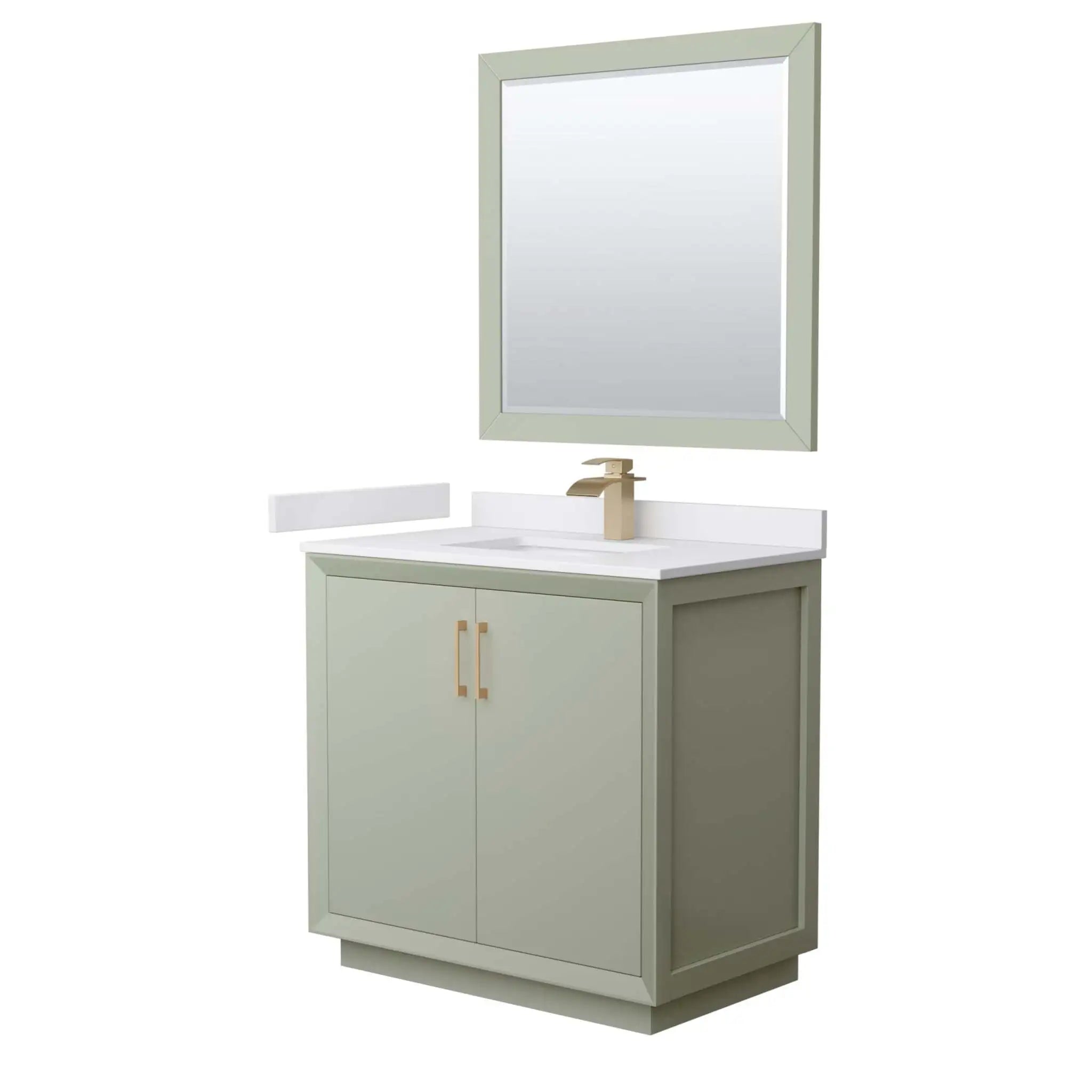 36" Strada Single Bathroom Vanity in Light Green with Satin Bronze Trim & 34" Mirror by Wyndham