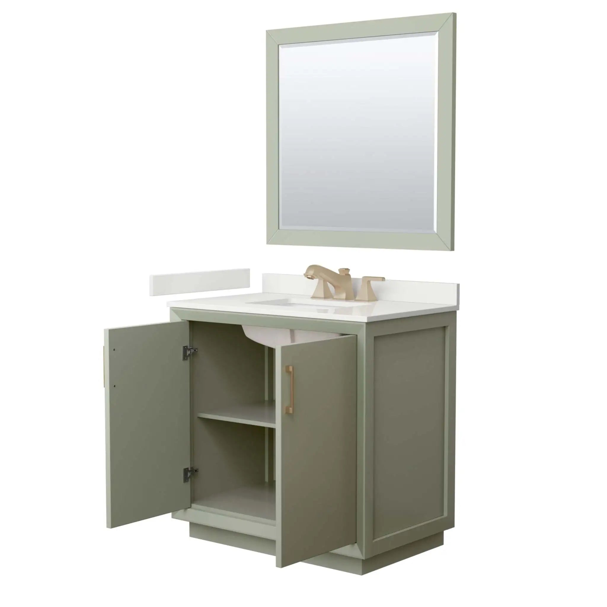 36" Strada Single Bathroom Vanity in Light Green with Satin Bronze Trim & 34" Mirror by Wyndham