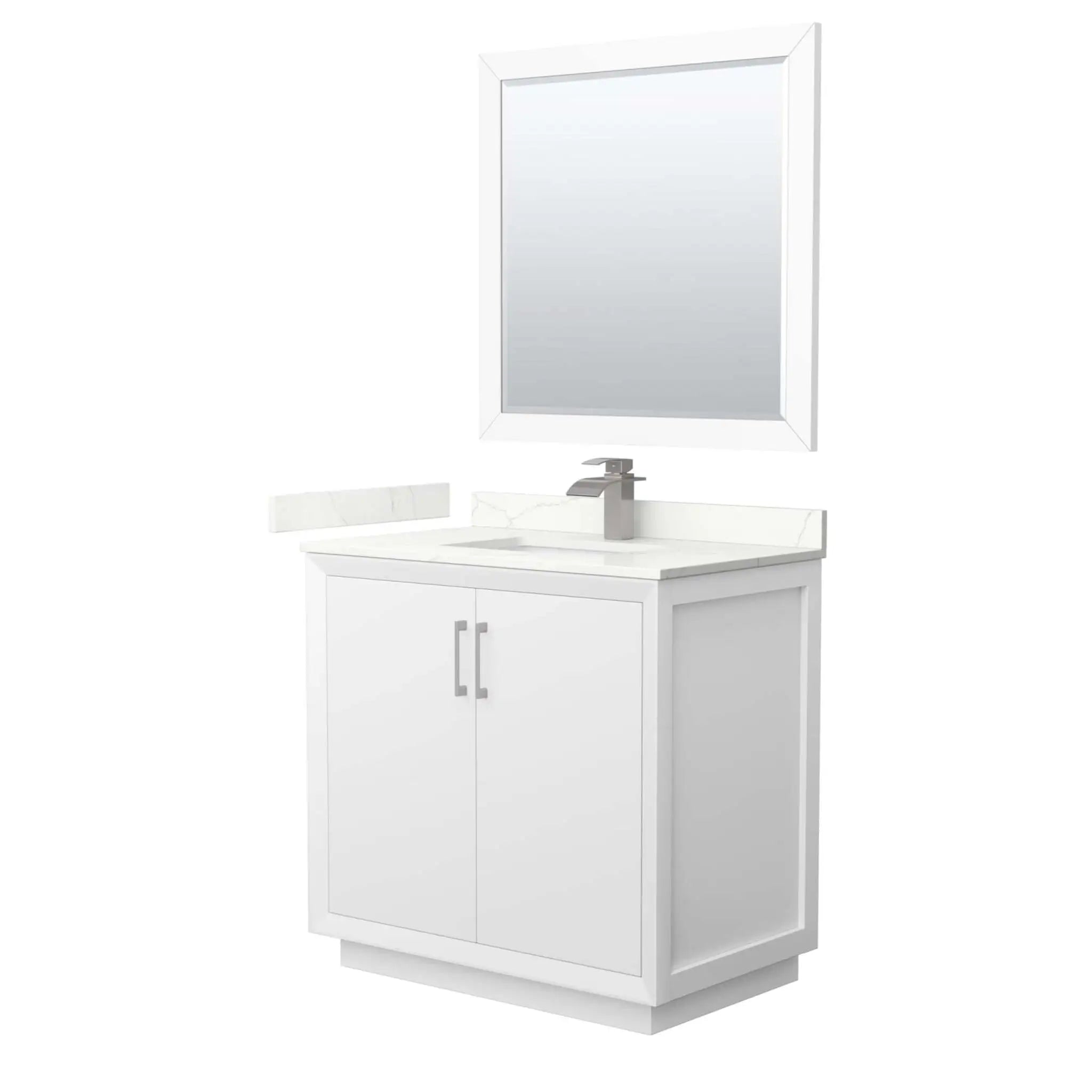36" Strada Single Bathroom Vanity in White with Brushed Nickel Trim & 34" Mirror by Wyndham