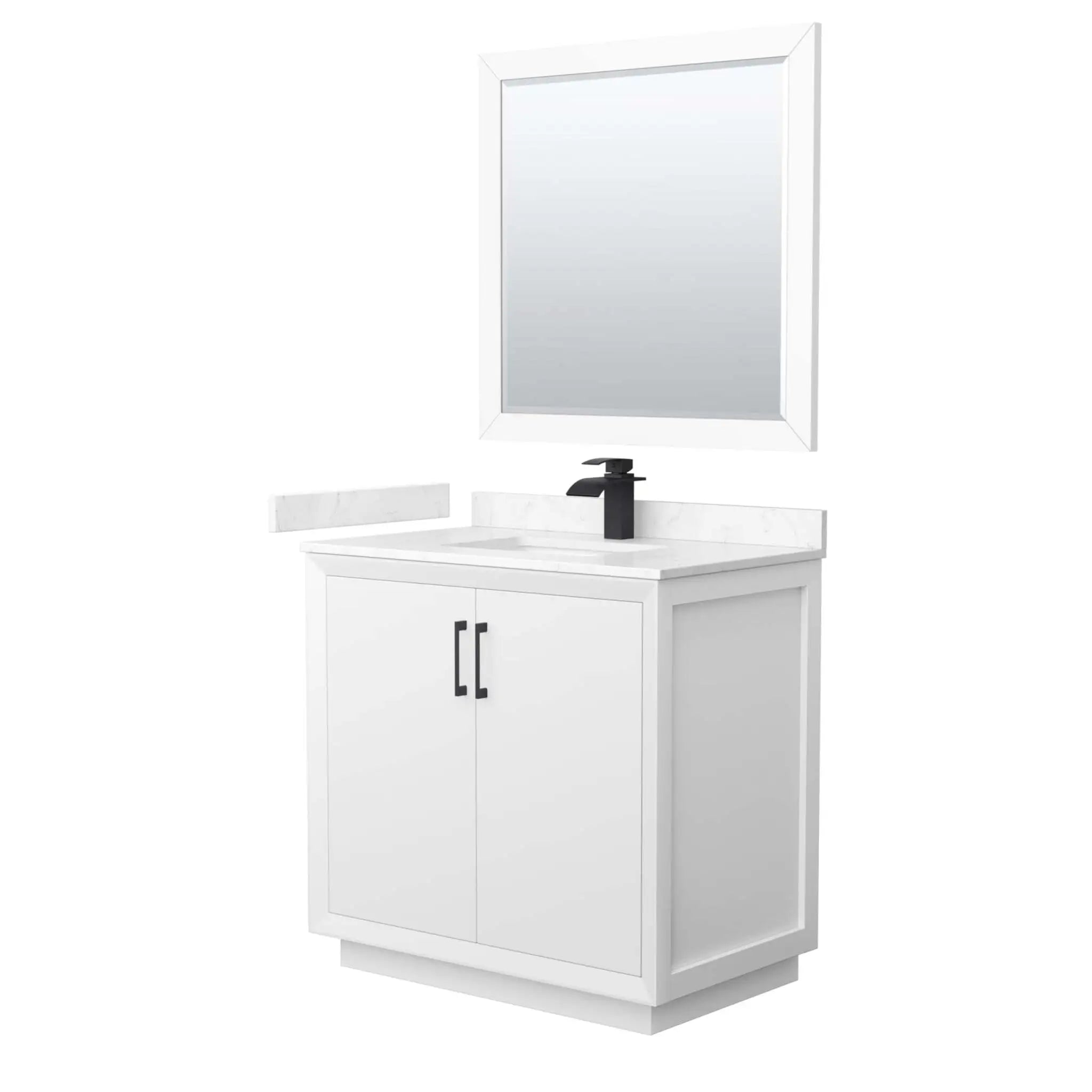 36" Strada Single Bathroom Vanity in White with Matte Black Trim & 34" Mirror by Wyndham