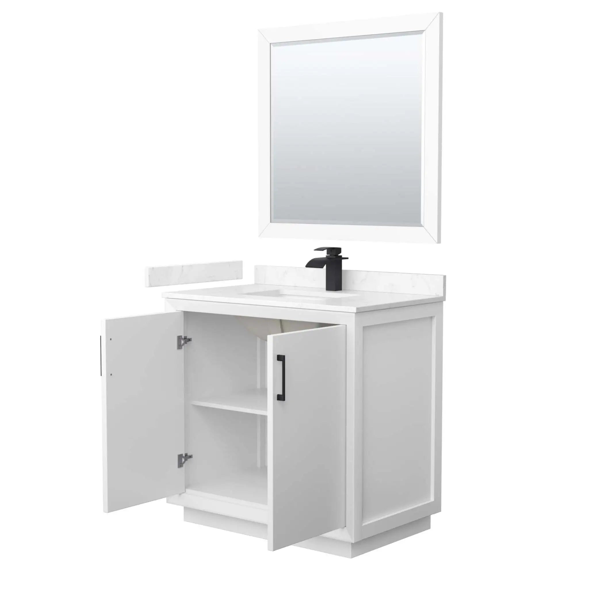 36" Strada Single Bathroom Vanity in White with Matte Black Trim & 34" Mirror by Wyndham