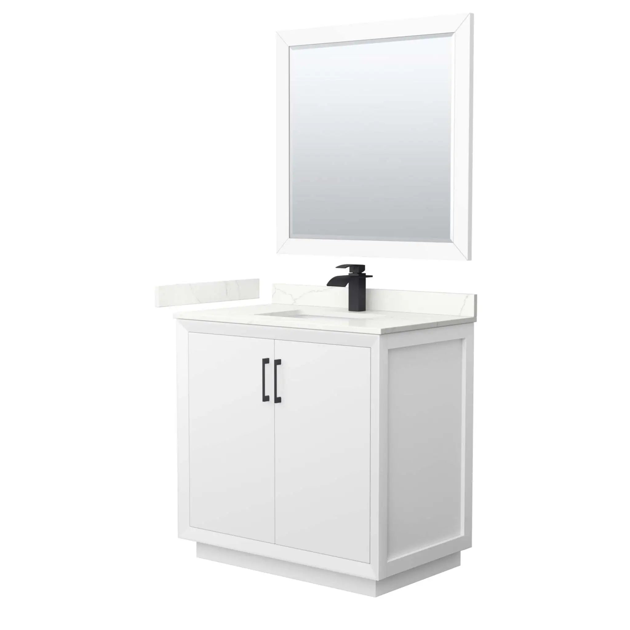 36" Strada Single Bathroom Vanity in White with Matte Black Trim & 34" Mirror by Wyndham