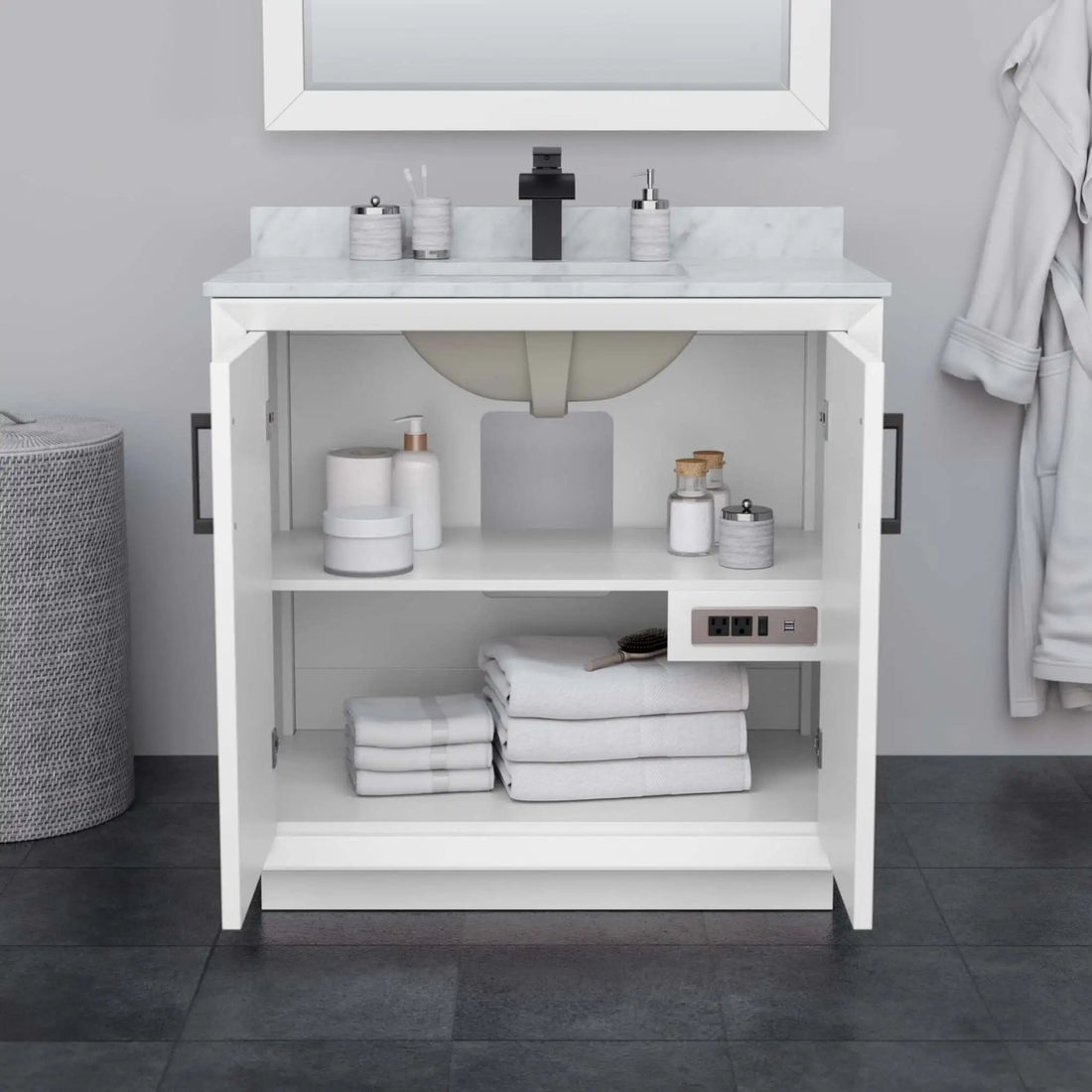 36" Strada Single Bathroom Vanity in White with Matte Black Trim & 34" Mirror by Wyndham