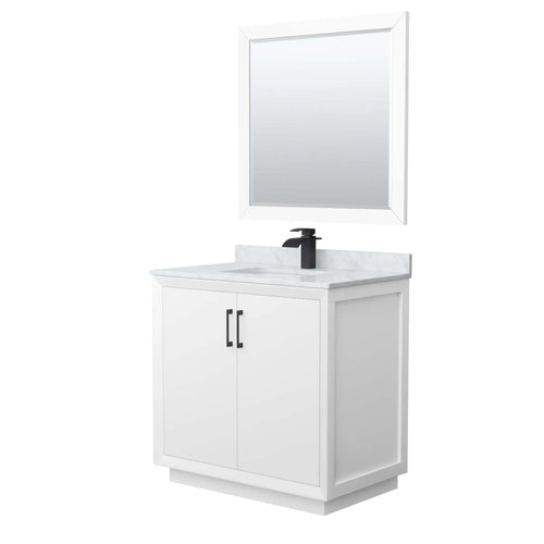 36" Strada Single Bathroom Vanity in White with Matte Black Trim & 34" Mirror by Wyndham