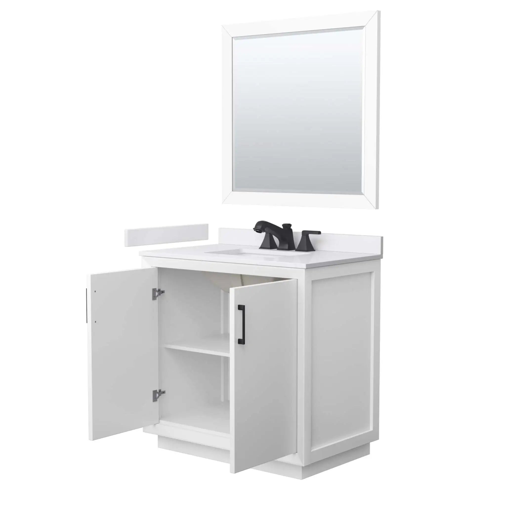 36" Strada Single Bathroom Vanity in White with Matte Black Trim & 34" Mirror by Wyndham