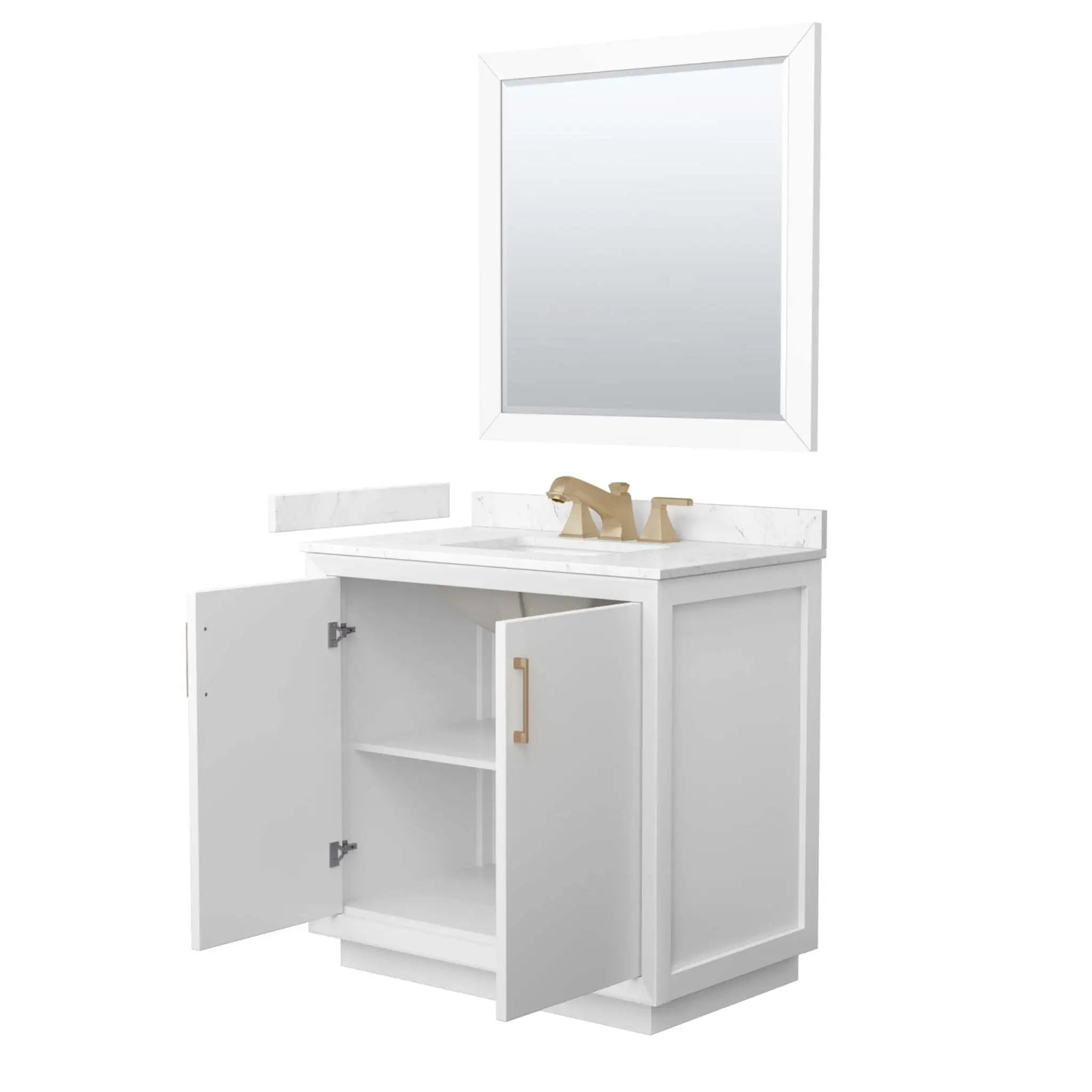 36" Strada Single Bathroom Vanity in White with Satin Bronze Trim & 34" Mirror by Wyndham